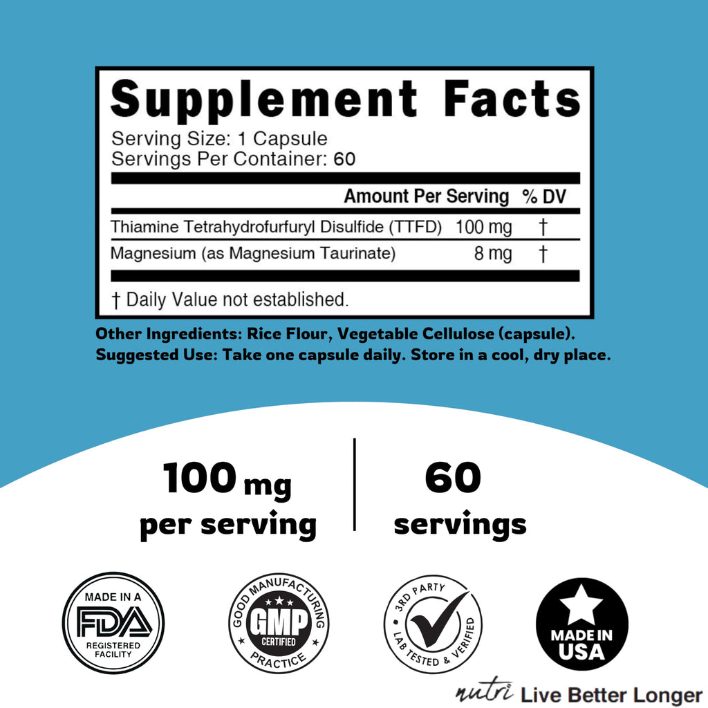 Nature's Fusions TTFD Thiamine B1 Supplement - 100mg 60 Servings - with 8mg Magnesium - No Toxic Fillers - TTFD Thiamine Tetrahydrofurfuryl Disulfide - Third Party Lab Tested - Nutri Supplements
