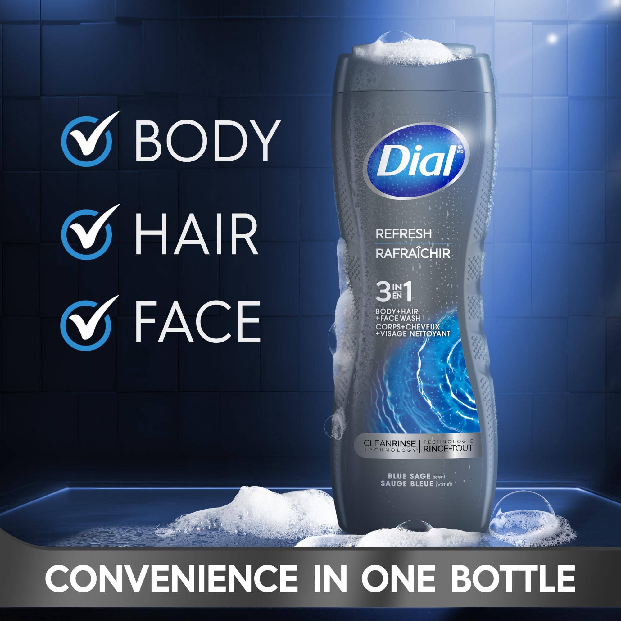 Dial Men 3 in 1 Body, Hair and Face Wash, Refresh, 16 Fl Oz, Pack of 6, Blue Sage Scent, Cleanses Deep + Gentle on Skin with Clean Rinse Technology