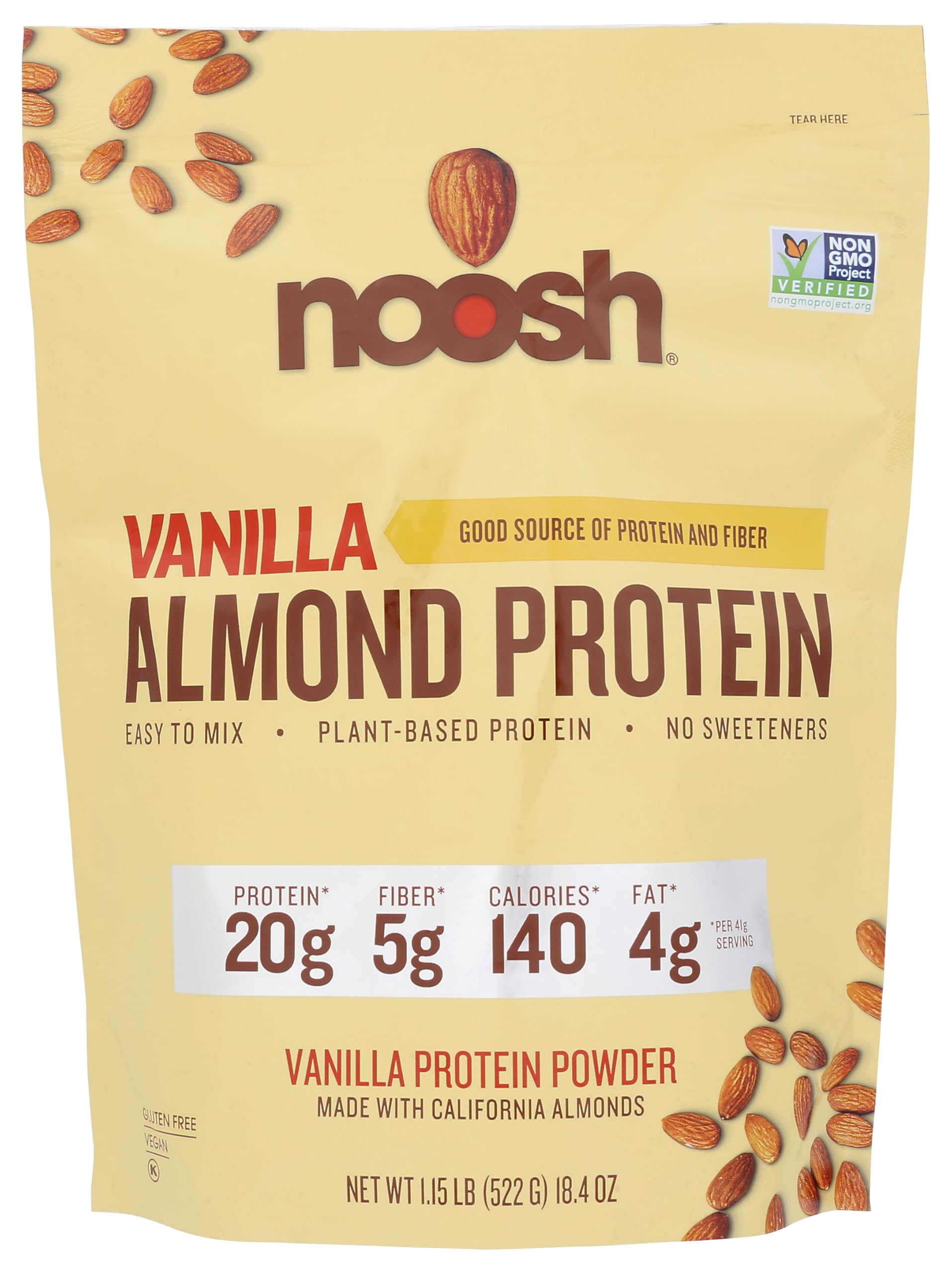 NOOSH Plant Based Almond Protein Powder Vanilla 20 Grams - Vegan Protein Powder, All Natural Ingredients, Non-GMO, Gluten Free, Kosher, Peanut Free, Soy Free, Dairy Free (Vanilla)