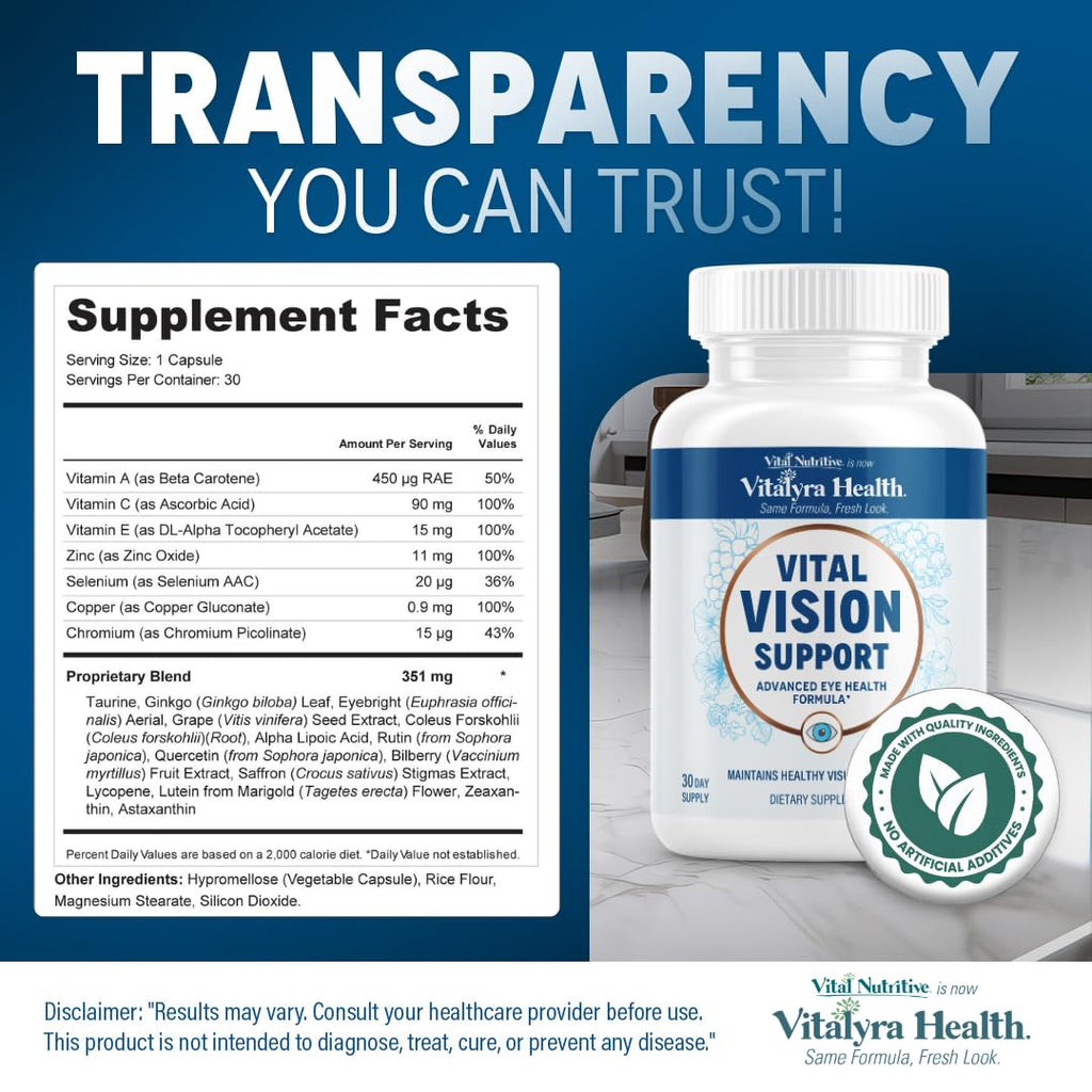 Vital Vision Support – Eye Health Supplement with Vitamin A, Lutein, Beta Carotene & Antioxidants – Eye Vitamins Support Hydration & Oxidative Stress -30 Days Serving
