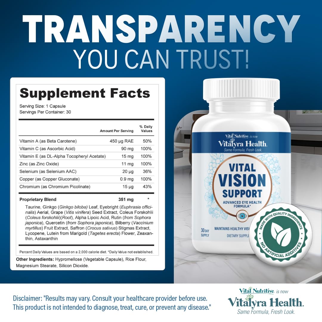 Vital Vision Support – Eye Health Supplement with Vitamin A, Lutein, Beta Carotene & Antioxidants – Eye Vitamins Support Hydration & Oxidative Stress -30 Days Serving