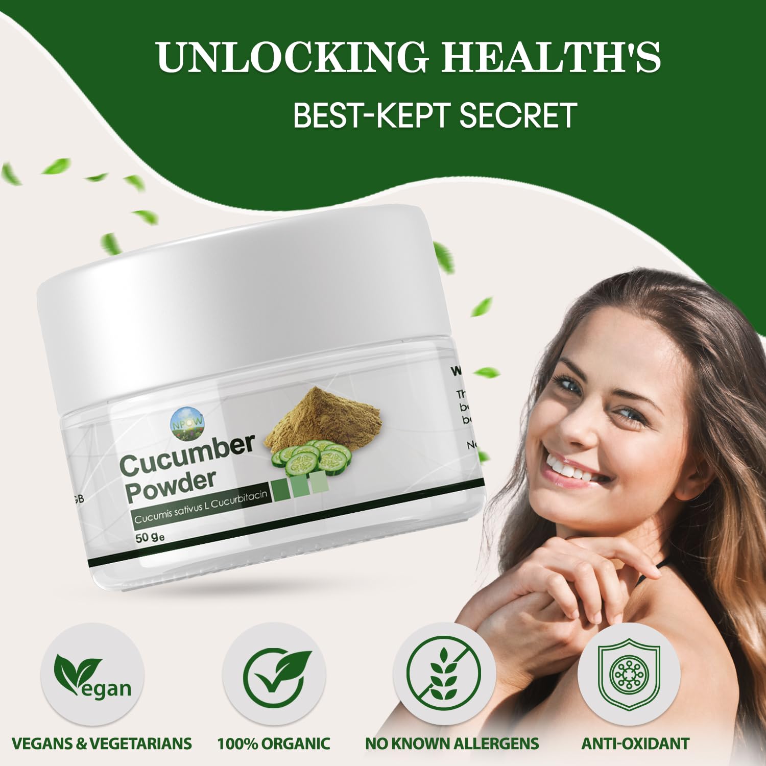 NPOW Cucumber Powder, Green Powders Superfood - 100% Pure Cucumber Extract - Superfood Powder Health Supplements - Vegan and UK Made - 50g