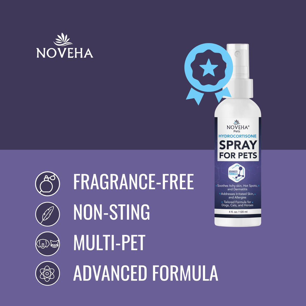 NOVEHA 1% Hydrocortisone Spray for Dogs, Cats, Horses – Hot Spot Treatment & Itch Relief for Pets – Advanced Formula Soothes Itch, Hot Spots, Dermatitis, Irritated Dry Itchy Skin & Allergies – 120mL