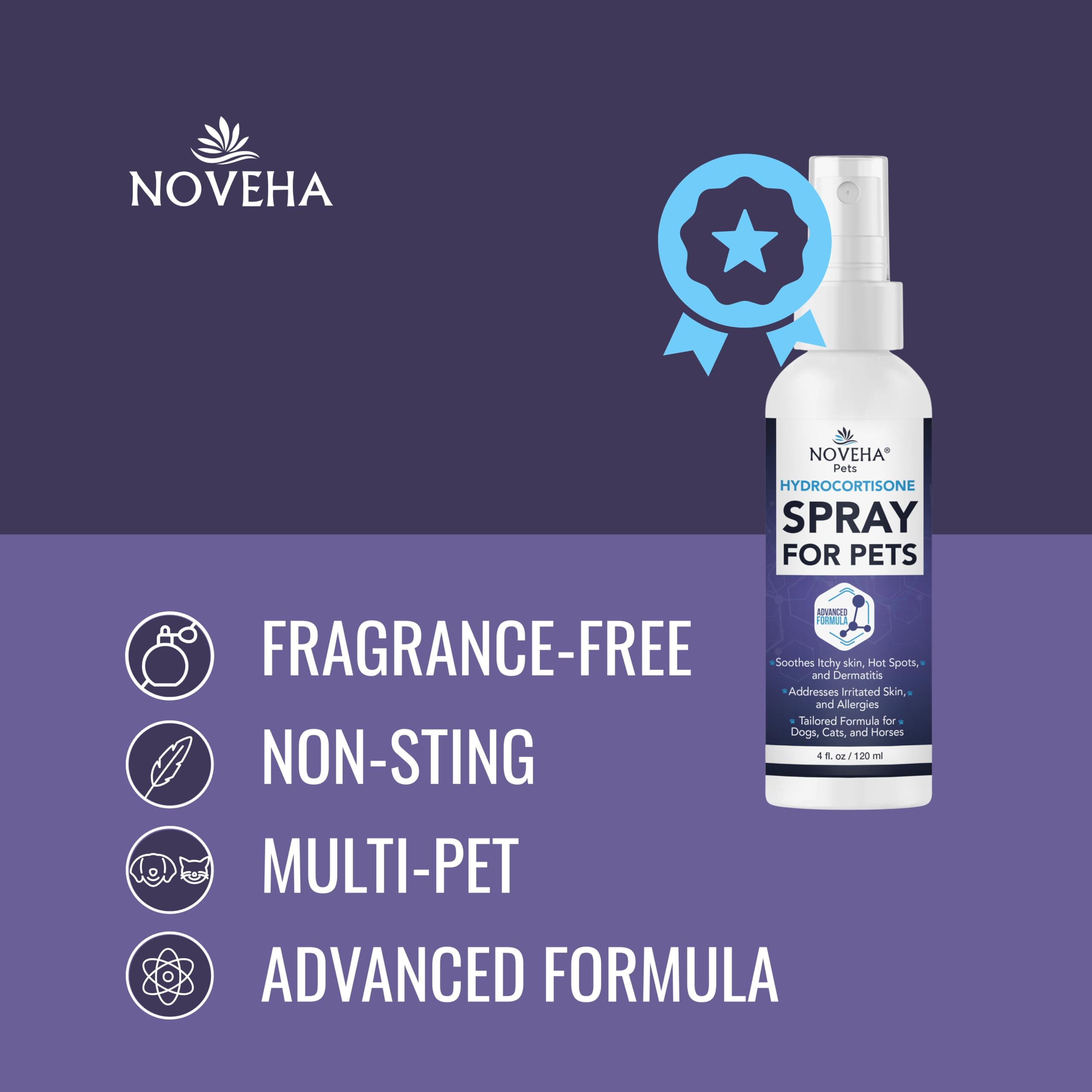 NOVEHA 1% Hydrocortisone Spray for Dogs, Cats, Horses – Hot Spot Treatment & Itch Relief for Pets – Advanced Formula Soothes Itch, Hot Spots, Dermatitis, Irritated Dry Itchy Skin & Allergies – 120mL