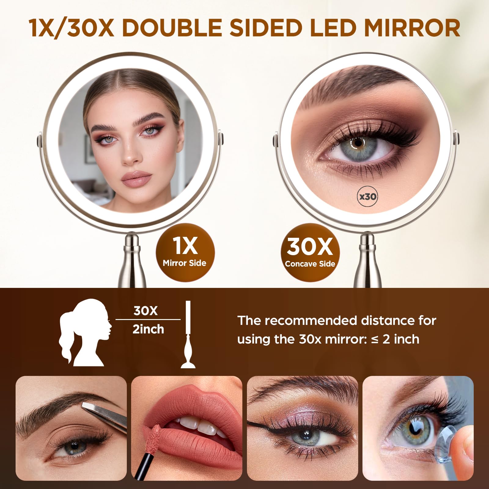 Makeup Mirror with Light - Brushed Nickel, 30x Makeup Mirror with 3 Colors