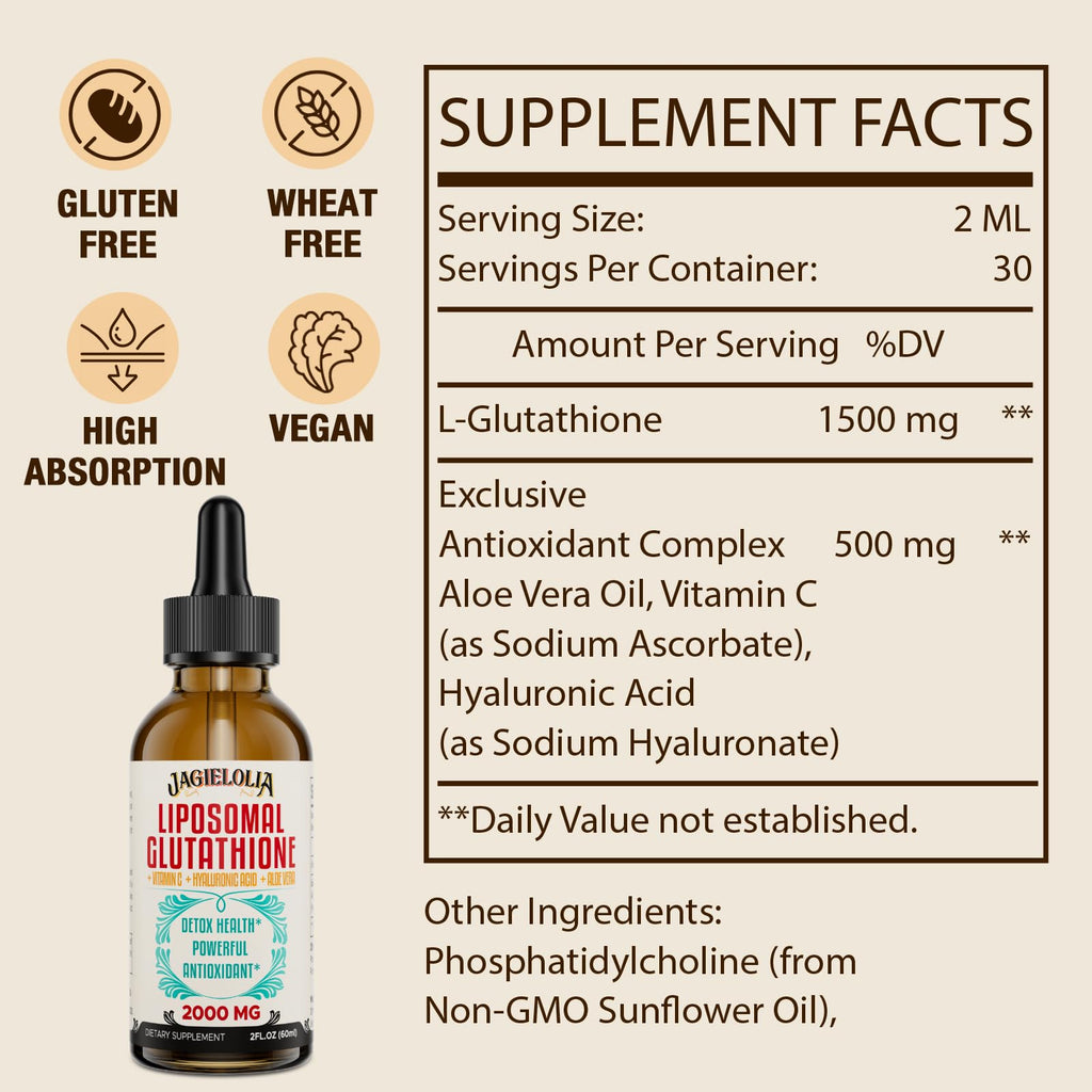 Jagielolia 2000MG Liposomal Glutathione Liquid, Made in The USA, Reduced Glutathione Supplement, Enhanced Absorption, Non-GMO, Powerful Antioxidant for Immune System, Energy, Aging Defense, 4 Floz