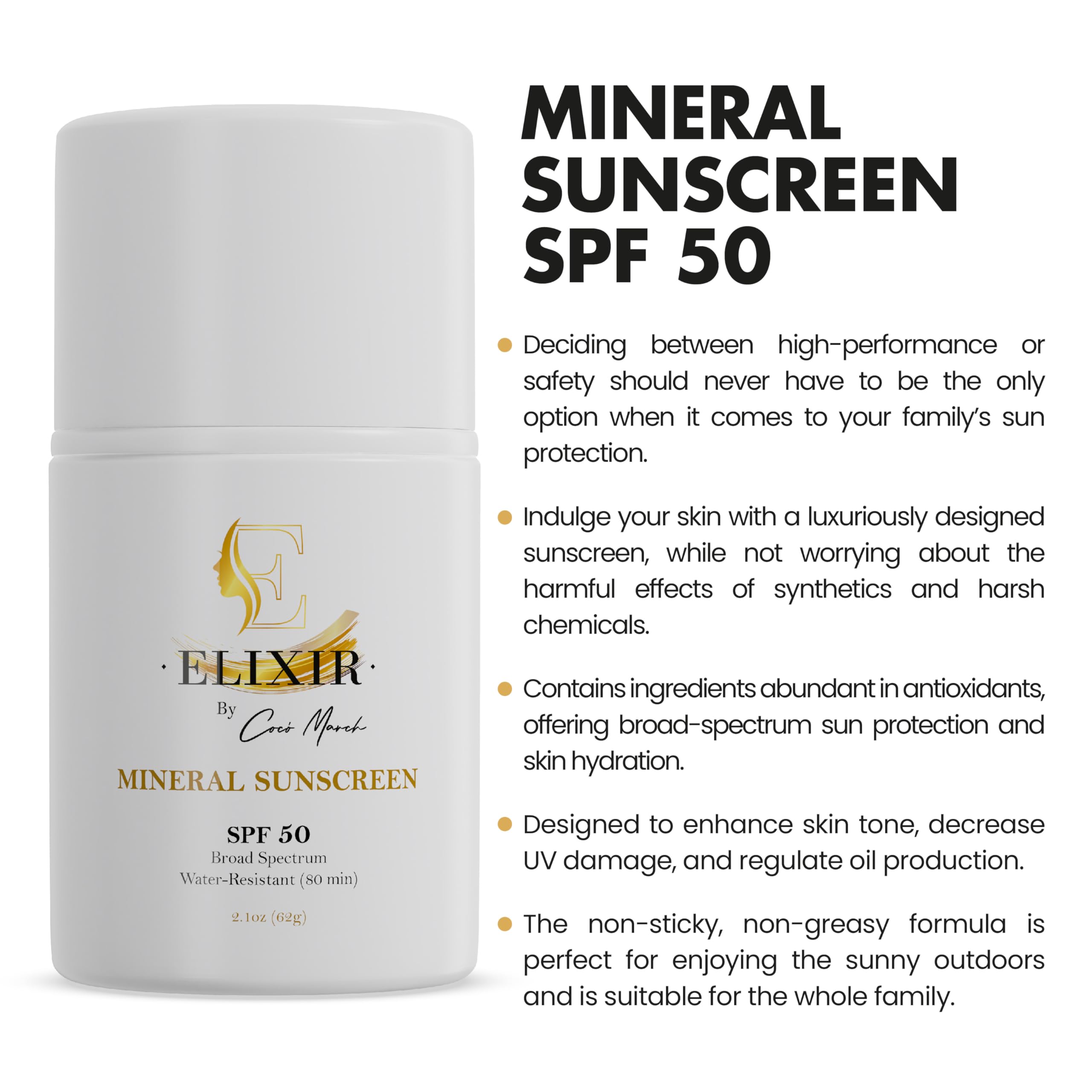 Elixir by Cocó March Mineral Sunscreen SPF 50 for Face & Body, Broad Spectrum Sun Protection, Water Resistant 80 Min, Hydrating Facial & Body Sunscreen for Adults & Kids, 2.1 oz (59 g)