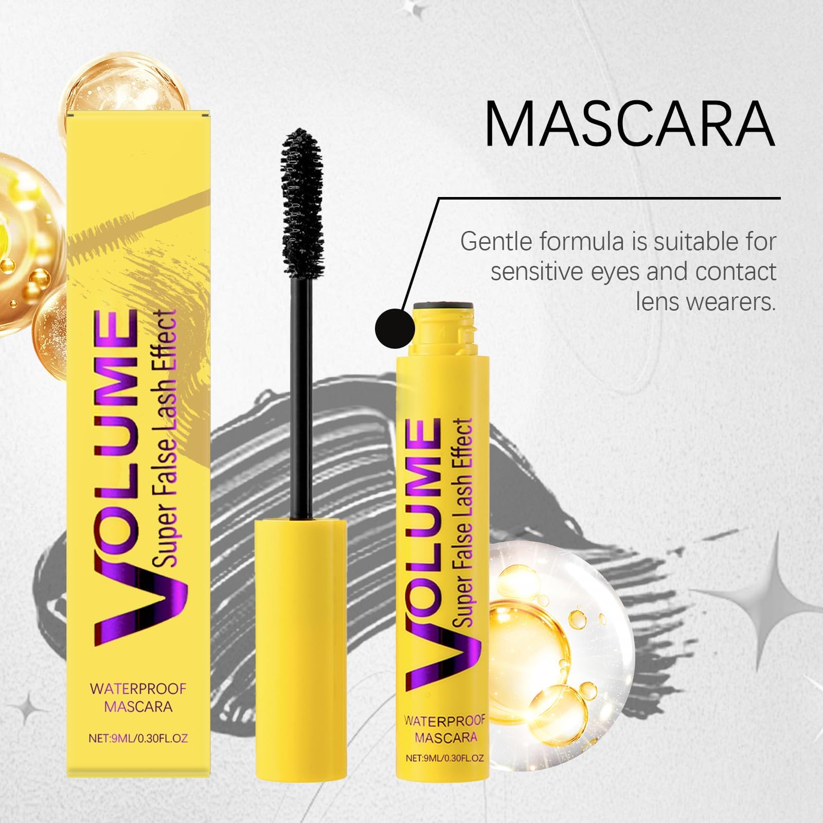 VOLUME Super False Lash Effect Waterproof Mascara - Jet-Black Volumising Lengthening Formula With Spiral Brush In Vibrant Yellow Tube For Clump-Free Smudge-Proof Daily Wear