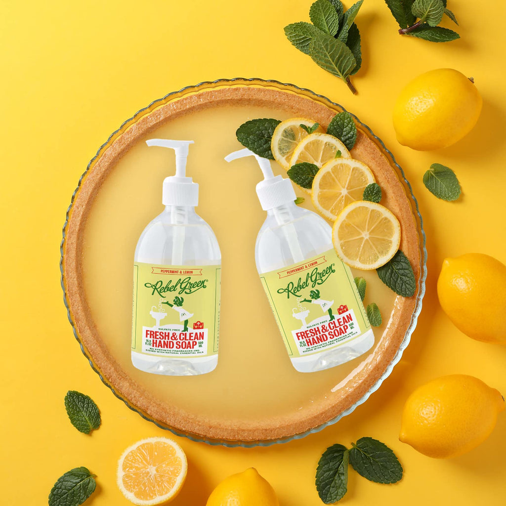 Rebel Green Liquid Hand Soap - Moisturizing Natural Bathroom & Kitchen Liquid Soap - Gentle Household Hand Wash (Peppermint and Lemon, 16.90 Fl Oz (Pack of 4))