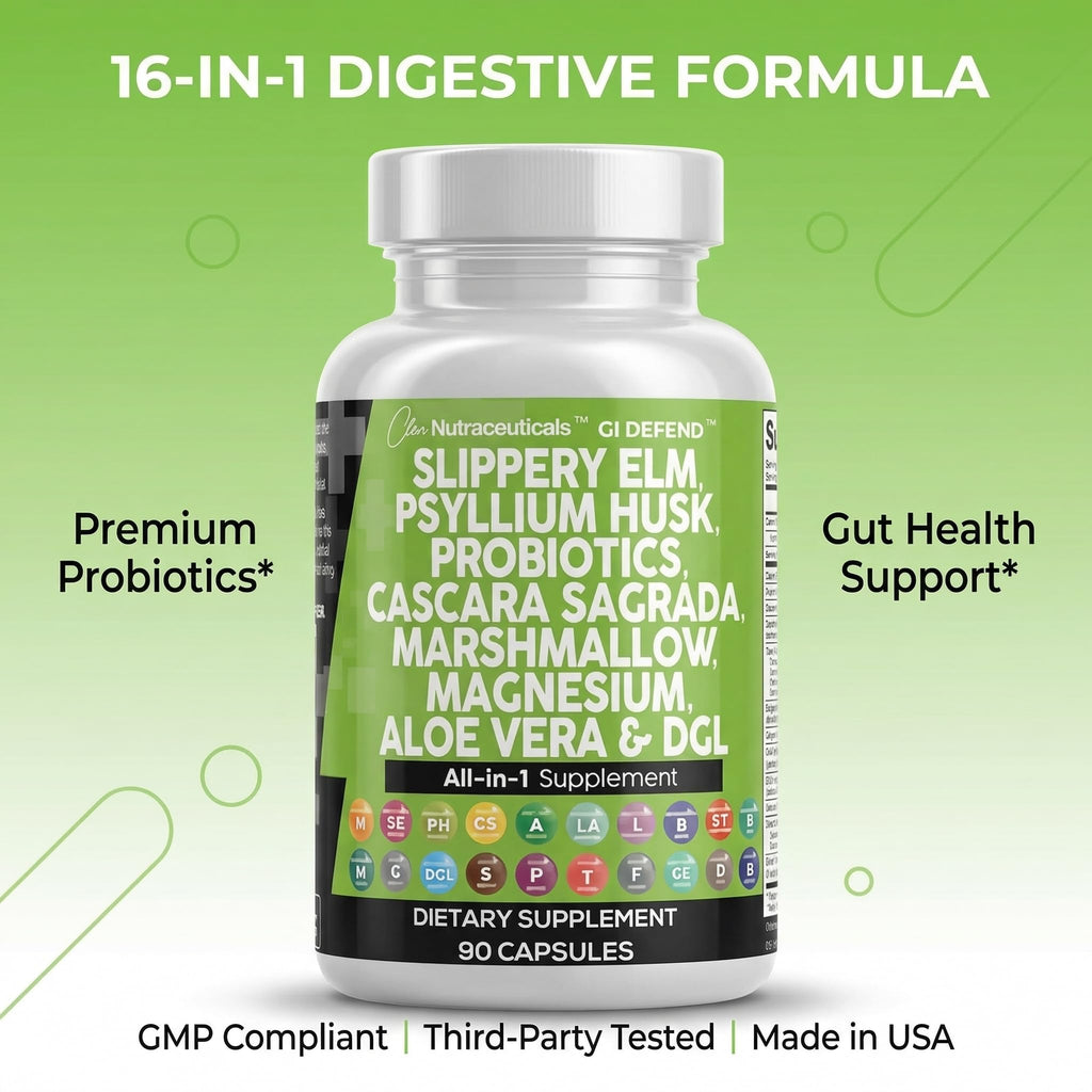 Clean Nutraceuticals Slippery Elm Psyllium Husk Pre Probiotic Digestive Gut Health Supplement with Aloe Vera Cascara Sagrada Marshmallow Root DGL Licorice Senna Extract