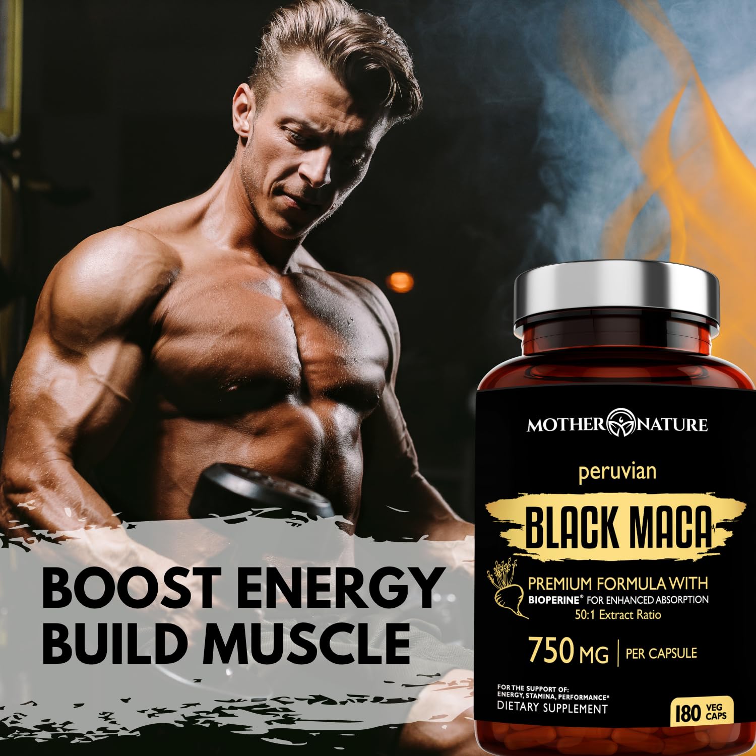 MNO Organic Raw Black Maca 750mg + BioPerine, Energy & Performance, 180ct