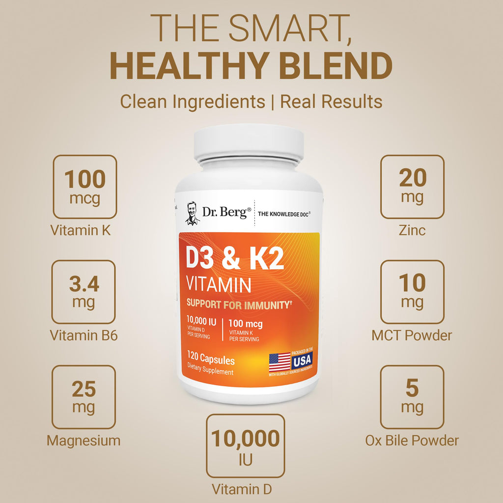 Dr. Berg Maximum Strength 7-in-1 Vitamin D3 K2 10,000 IU | Naturally Derived D3 | 4X Lab-Tested & Verified | High Absorption Formula | K2 D3 Vitamin Supplement | 120 Capsules