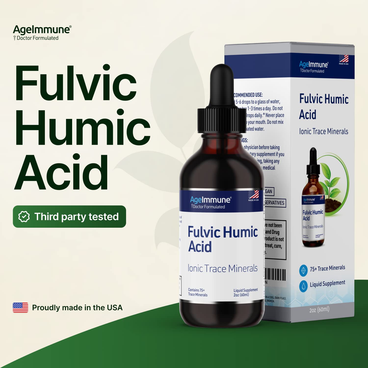 Fulvic Humic Acid 75 + Ionic Trace Minerals - Plant Derived in USA - Fulvic Acid Minerals Concentrate for Energy, Gut Health and Hydration- 1 gram of Liquid Supplement per Serving - 2 oz.