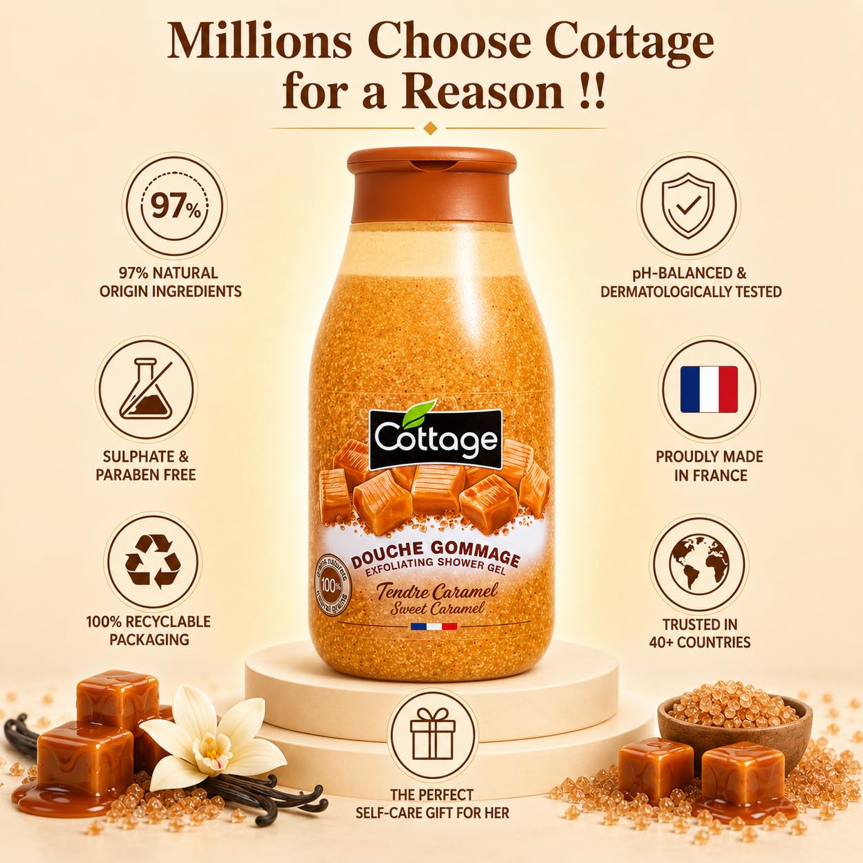Cottage Douche Gommage Tendre Caramel Grains Exfoliants 100% Naturels 1 Unité