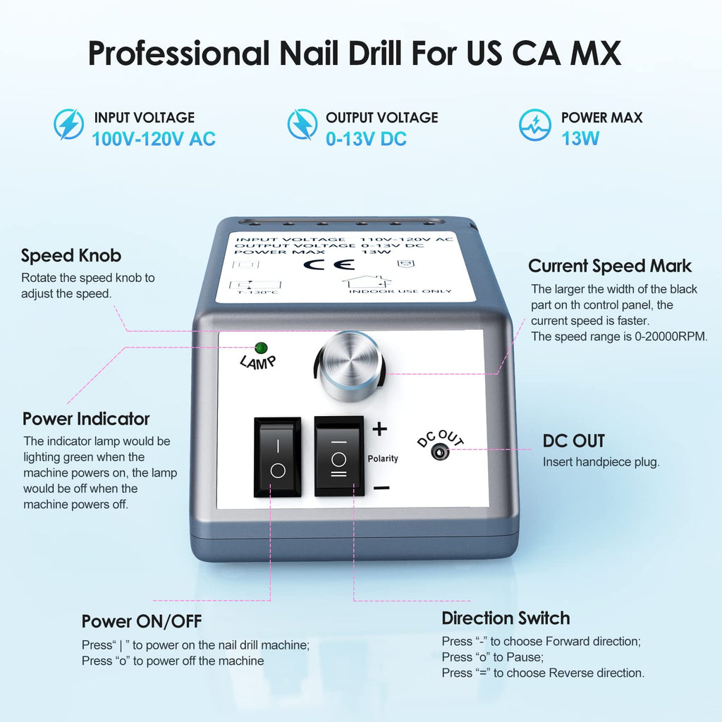 Professional Nail Drill Machine 20000 RPM Efile Electric Nail Filer Kit for Finger Toe Nails, Acrylic Gel Nails, Manicure Pedicure Drill with 6Pcs Nail Bits, 106Pcs Sanding Bands - Grey