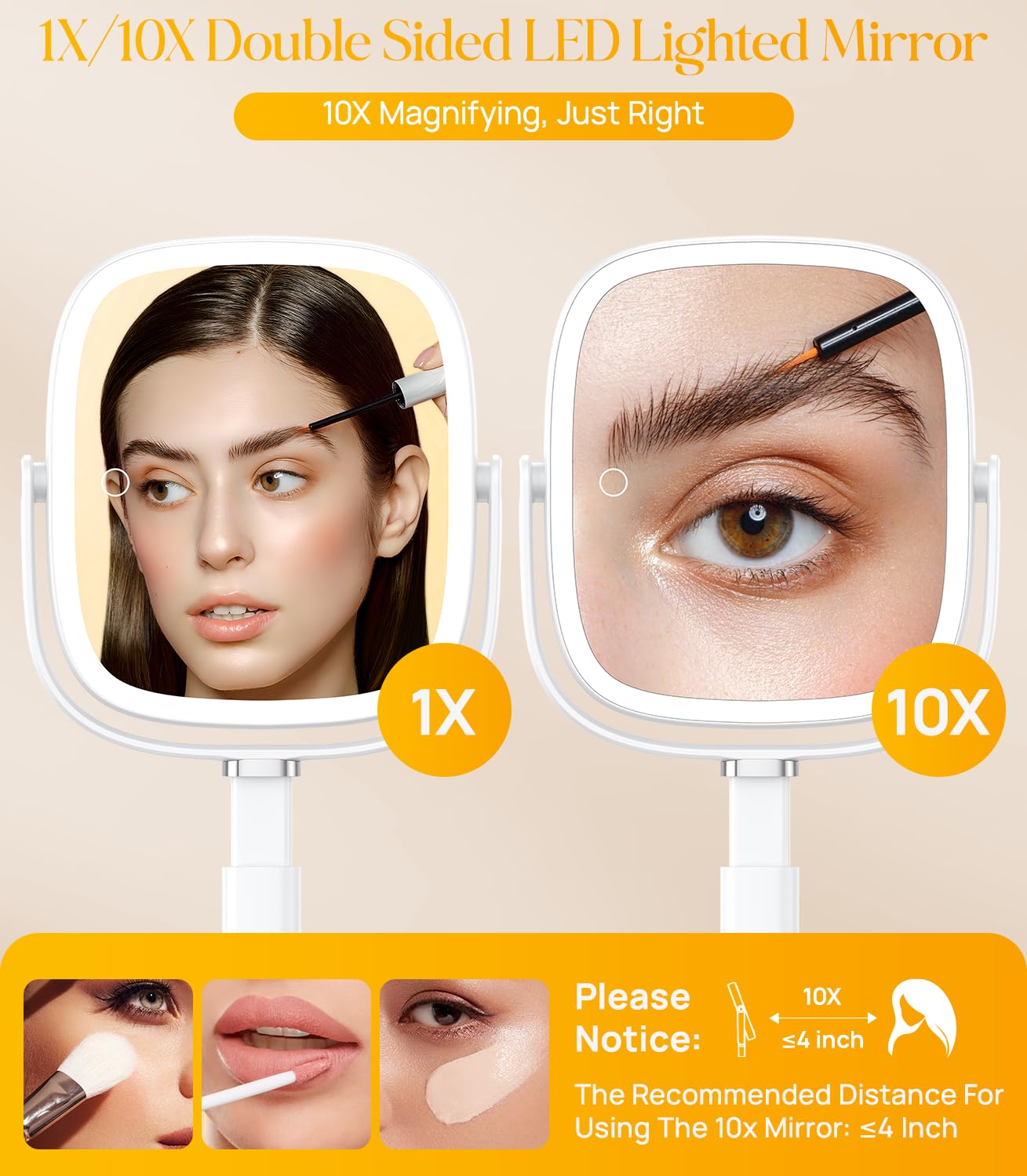 Gospire Rectangle Lighted Makeup Mirror with Magnification, 10X Magnifying Mirror with Lights 3 Color, Height Adjustable and 4000mAh Battery for Bedroom Bathroom, Large Surface for Women or Men- White