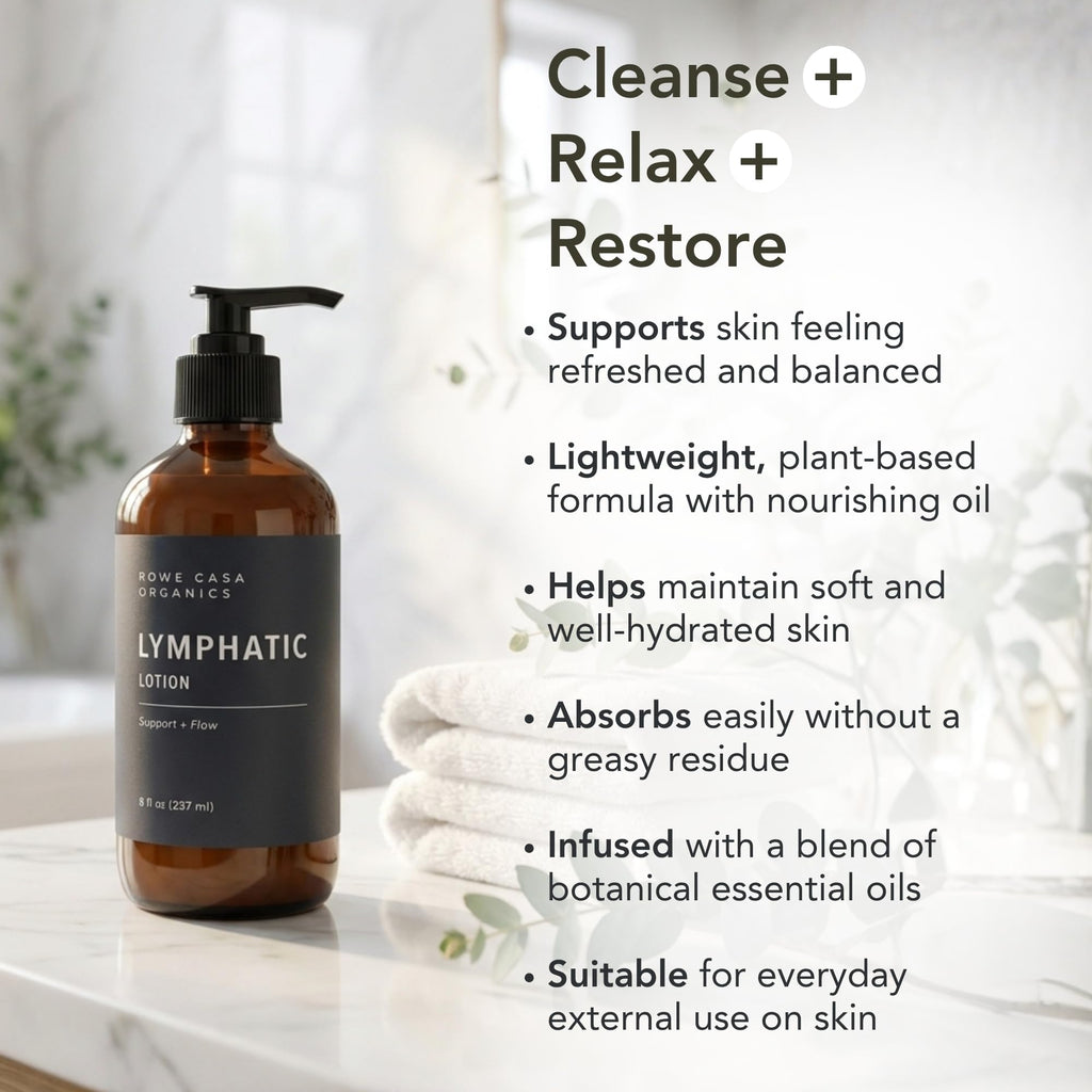 Rowe Casa Organics Lymphatic Lotion, Gentle Lymphatic Drainage Lotion with Therapeutic Grade Essential Oils, Non-Greasy Hydrating Lymph System Support, 8 fl oz
