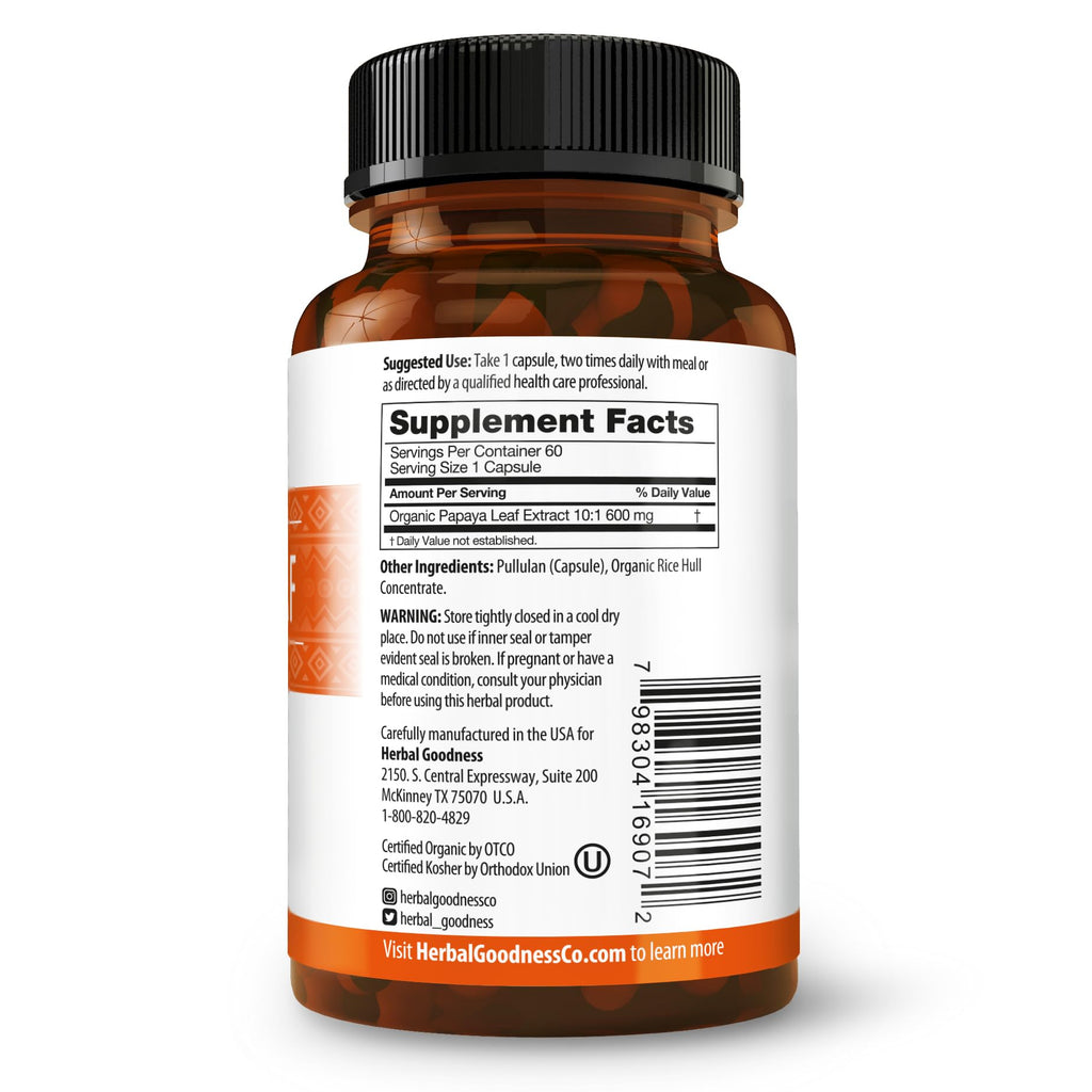 Herbal Goodness Papaya Leaf Extract Digestive Enzymes - 10X Strength 60/600mg Veg Capsules- Blood Platelet, Bone Marrow & Spleen Support, Immune Gut & Super Digestive Health - Made in USA