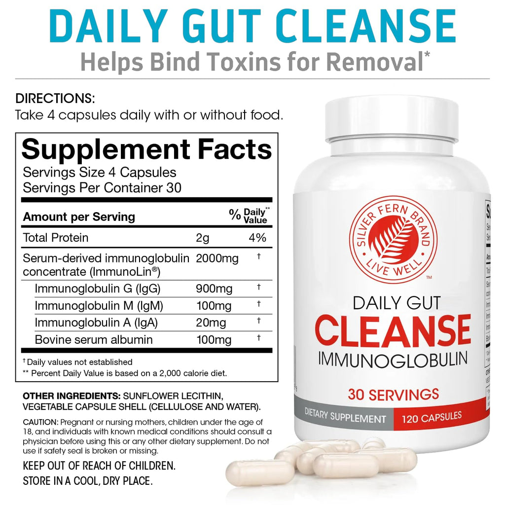 Silver Fern Cleanse - Daily Gut - 2 Bottle - 240 Capsules - 60 Day Supply - Immunoglobulin G, A & M -(IgG, IGA, IgM) - Digestive System & Immune System Support - Postbiotic
