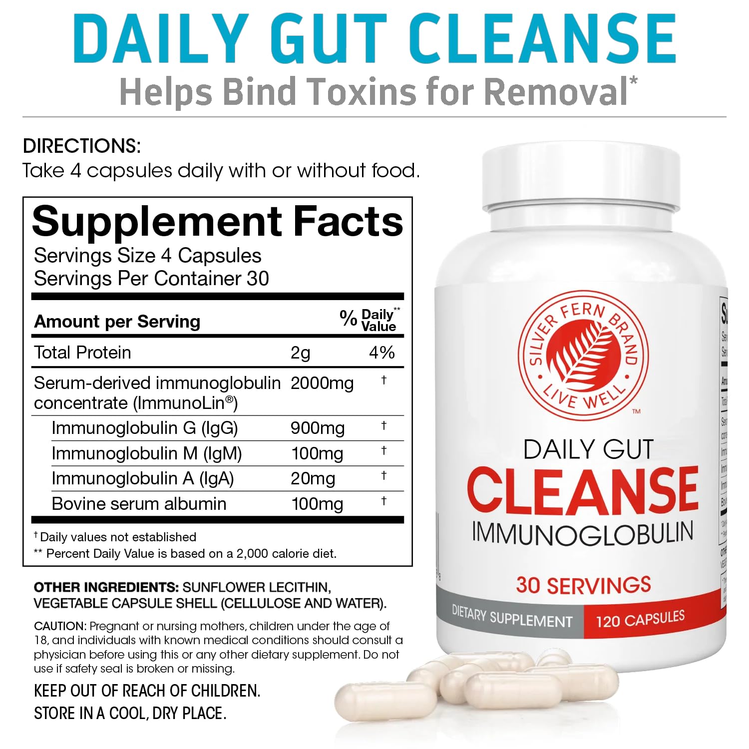 Silver Fern Cleanse - Daily Gut - 2 Bottle - 240 Capsules - 60 Day Supply - Immunoglobulin G, A & M -(IgG, IGA, IgM) - Digestive System & Immune System Support - Postbiotic