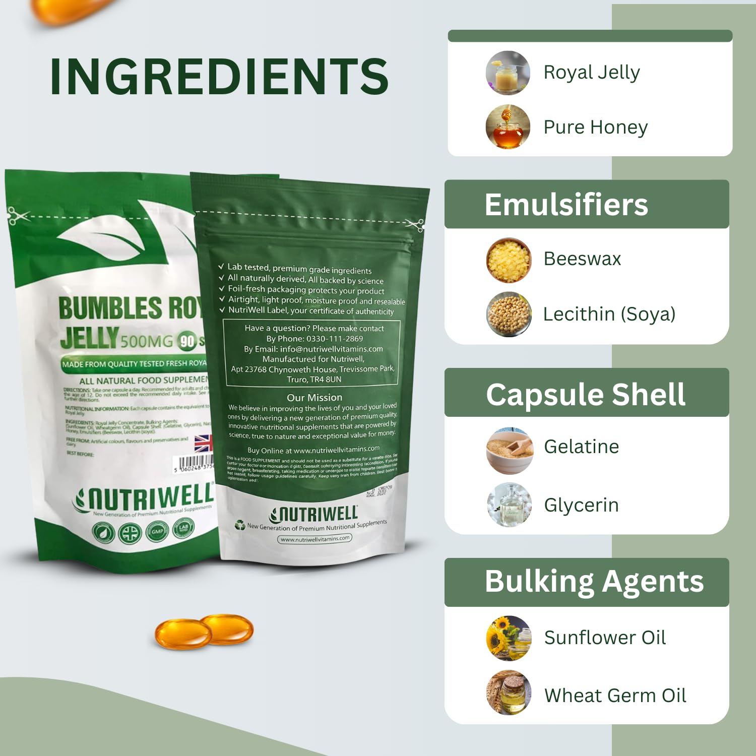 Bumbles Royal Gellee - 90 High Strength 500mg Royal Jelly Softgel Capsules to Support Immune System and Boost Energy, for Healthy Hair & Skin, Made in The UK by Nutri Well