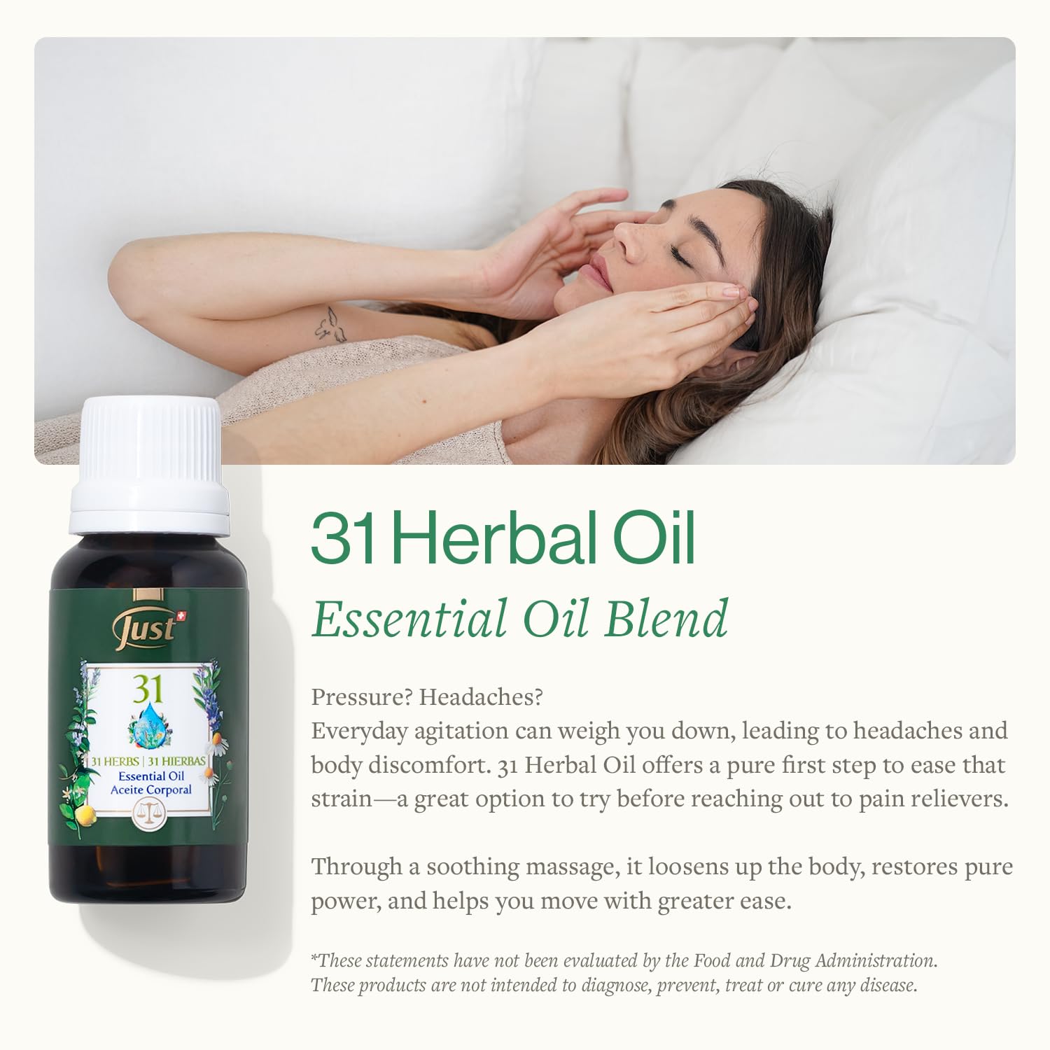 Swiss Just - Oil 31-20ml Bottle - Essential Oil Blend - Ideal for Massage, Bath, and Aromatherapy