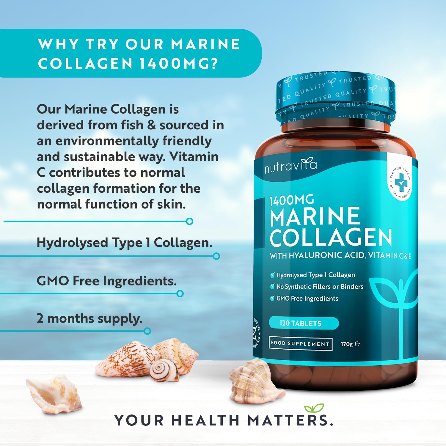 Marine Collagen Tablets 1400mg Enhanced with Hyaluronic Acid - Hydrolysed Collagen Supplements for Women and Men - 120 Tablets (2 Month Supply) - with Vitamin C, Vitamin E, Zinc and Vit B2 - Nutravita