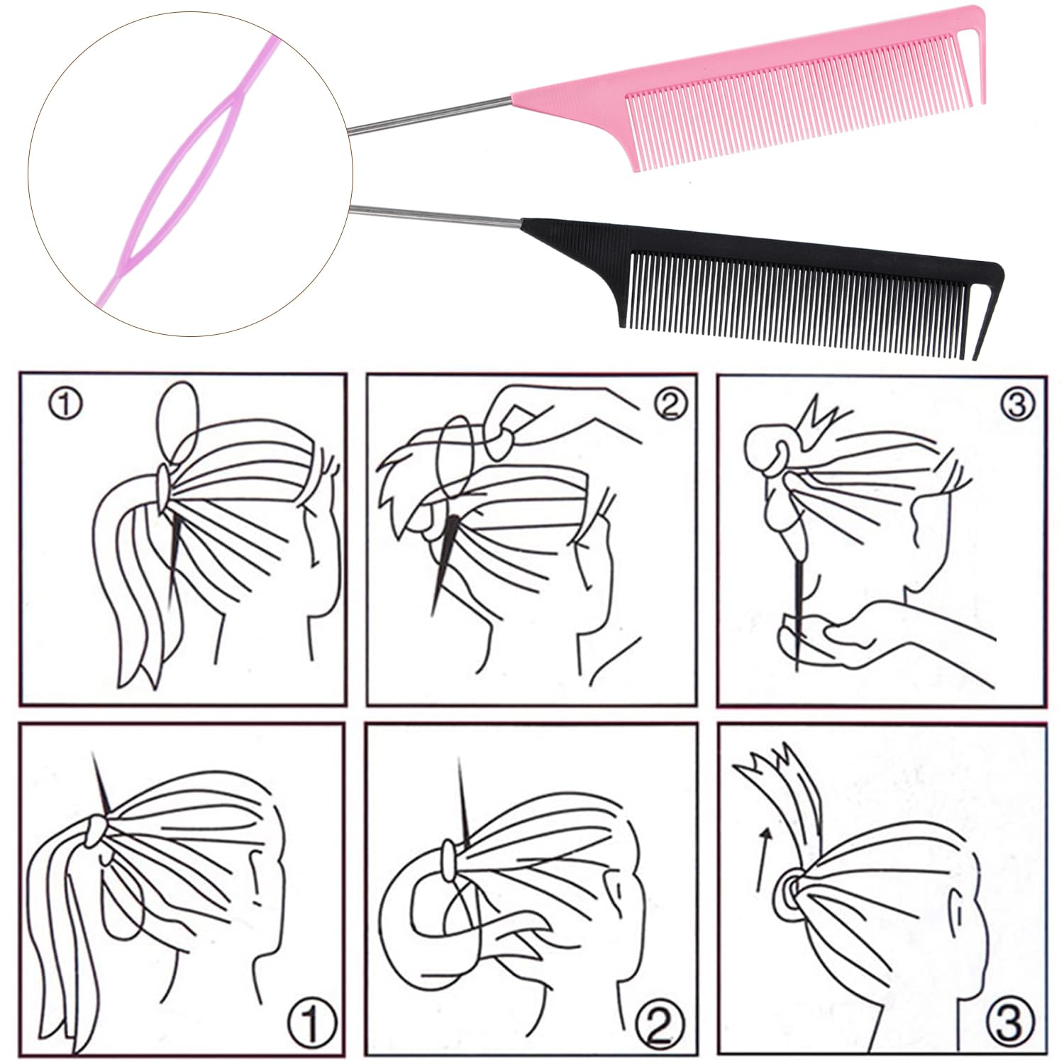 Acooruiteng Topsy Tail Kit - Hair Braiding Tool, French Braid Loop, Pull Through, Styling Tool with Rat Tail Comb and Rubber Bands (6 Pcs)