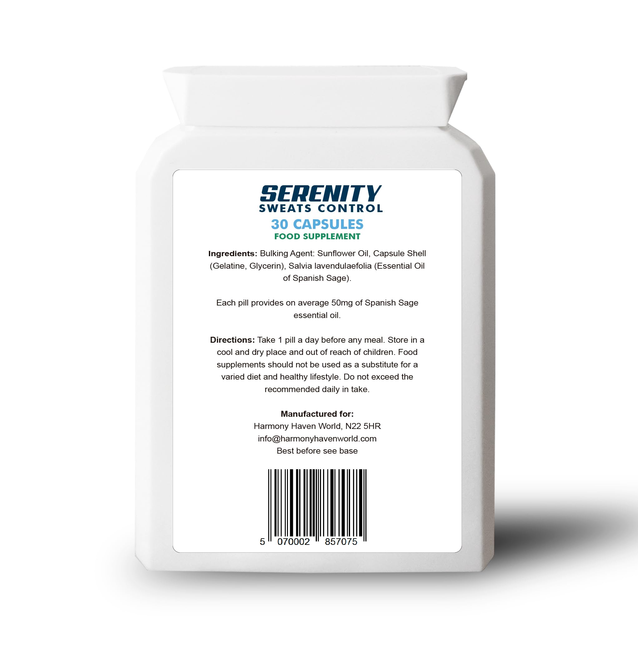 Serenity Sweats Control 30 Capsules - Reduce Excess Sweating, Sweat Less & Stay Dry