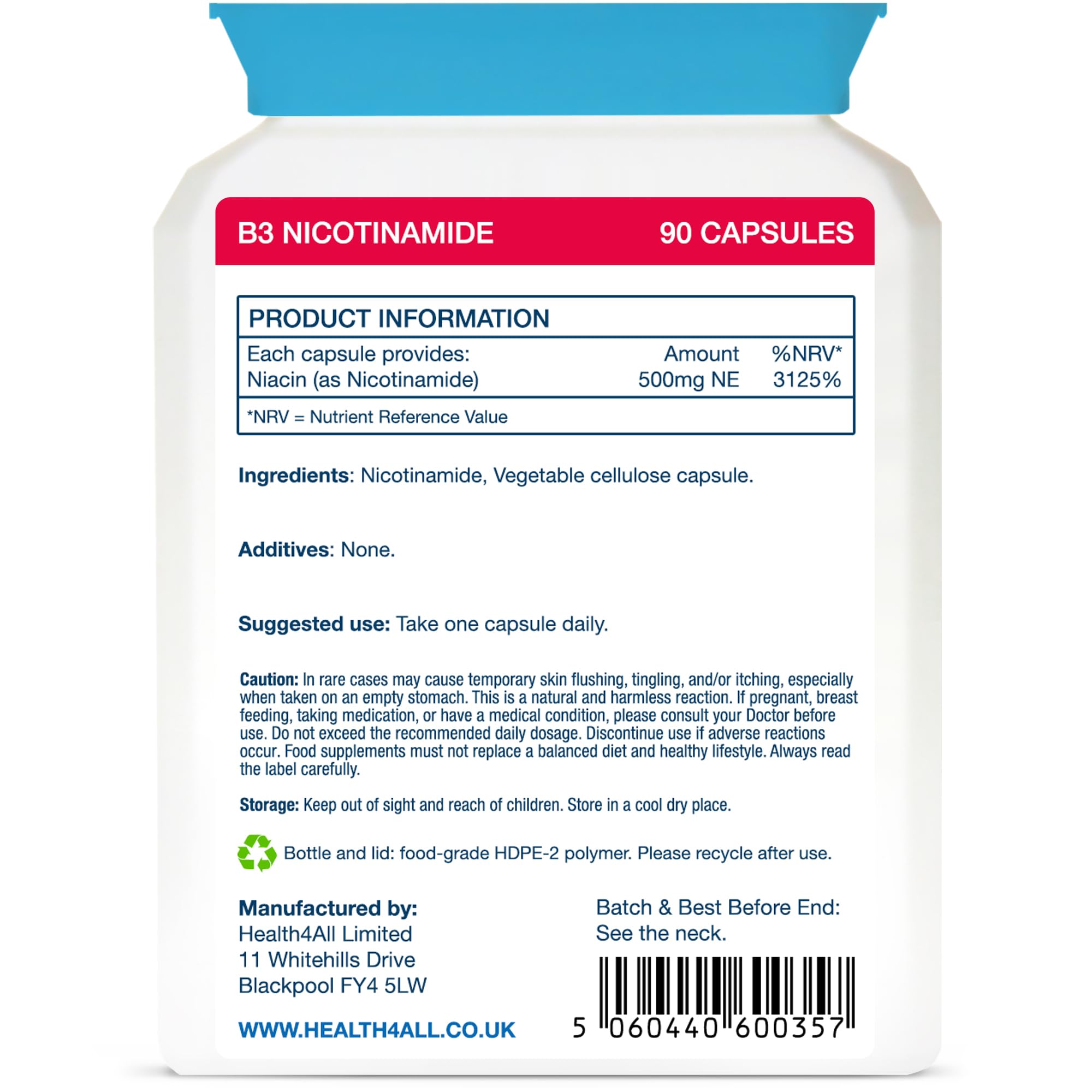 Vitamin B3 Nicotinamide (Niacinamide) 500mg 90 Capsules (V) Purest- no additives. Vegan. No-Flush Niacinamide. Made by Health4All