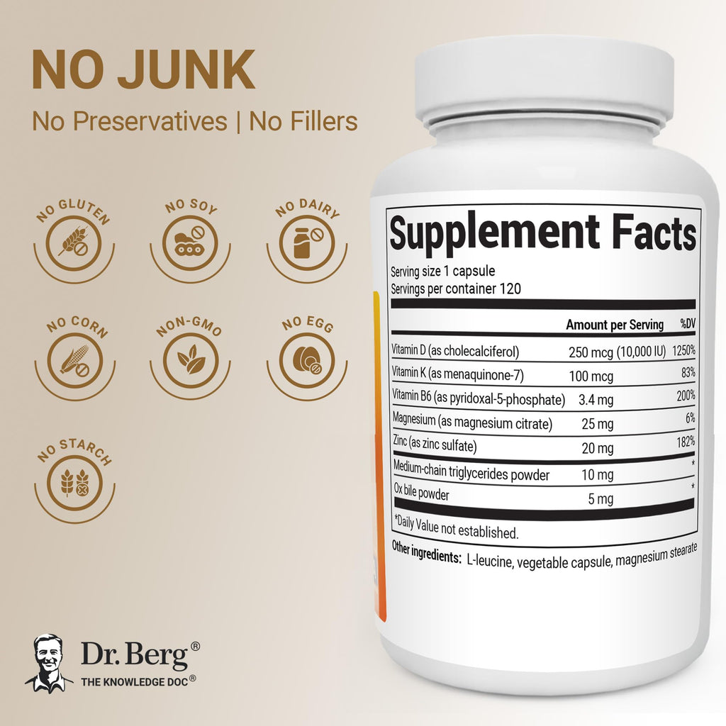 Dr. Berg Maximum Strength 7-in-1 Vitamin D3 K2 10,000 IU | Naturally Derived D3 | 4X Lab-Tested & Verified | High Absorption Formula | K2 D3 Vitamin Supplement | 120 Capsules