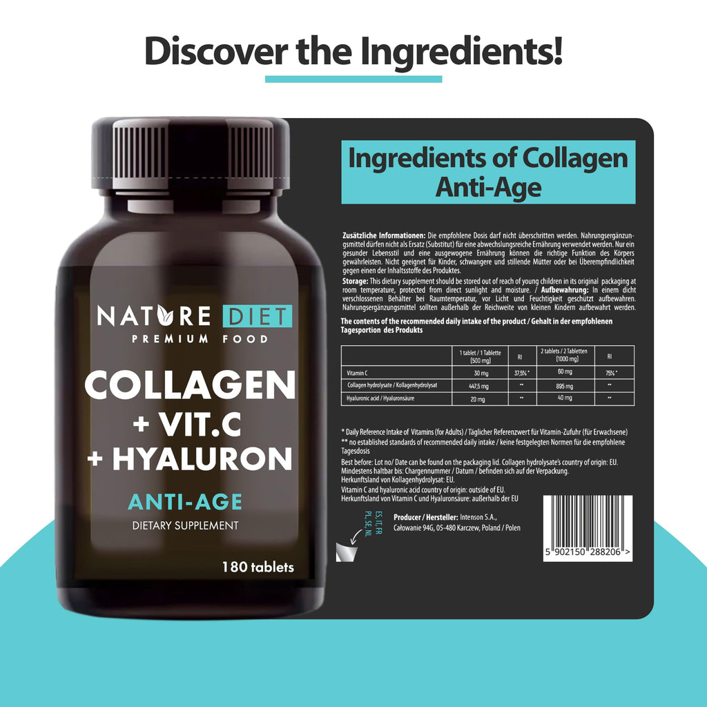 Nature Diet Collagen with Hyaluronic Acid & Vitamin C, 180 Tablets, 500 mg