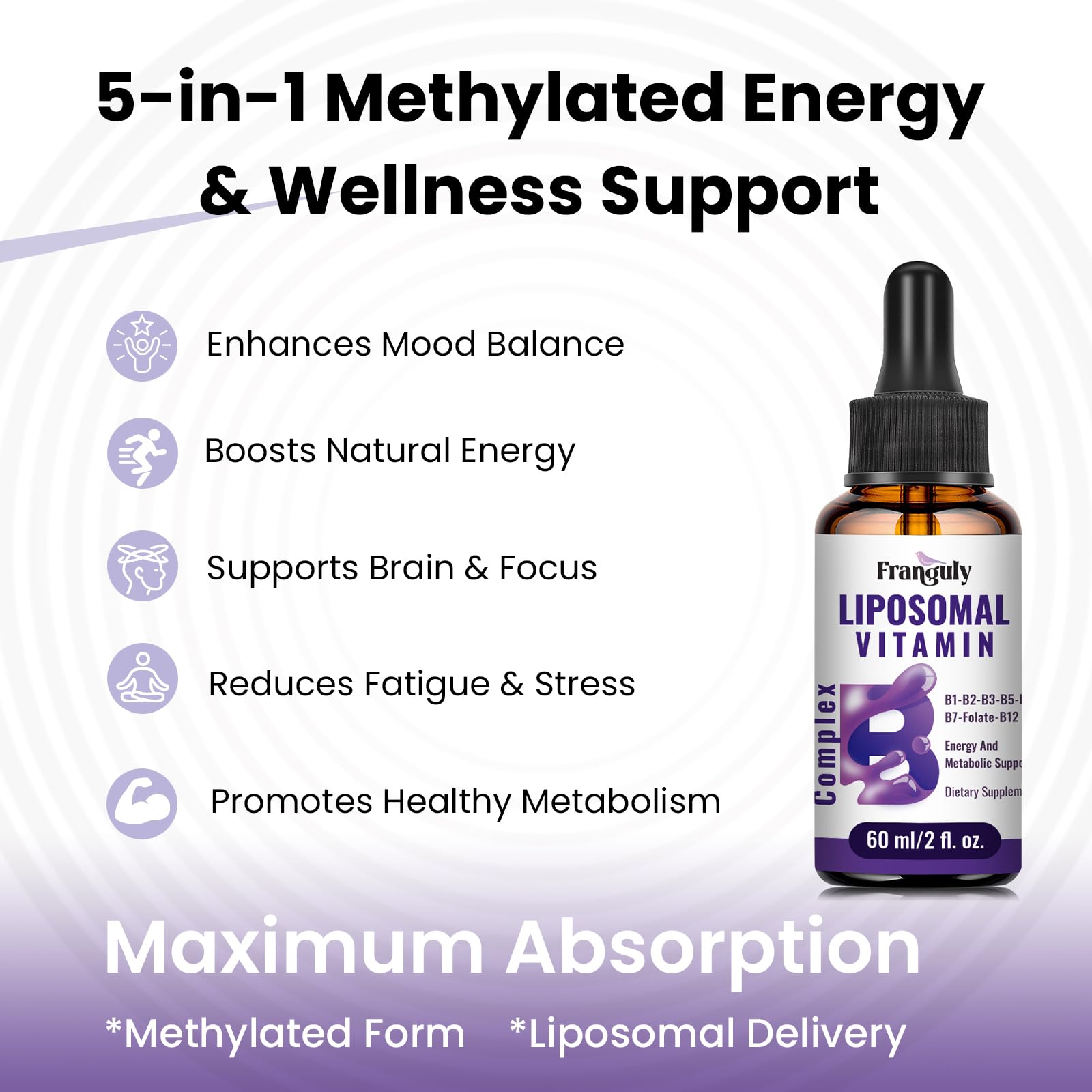 Liposomal Vitamin B Complex Liquid Sublingual B Complex Vitamins Supplement for Women Men Improved Absorption Methylated B12,B1, B2, B3, B5, B6,Folate,Biotin for Energy And Immune Support-4.0 oz
