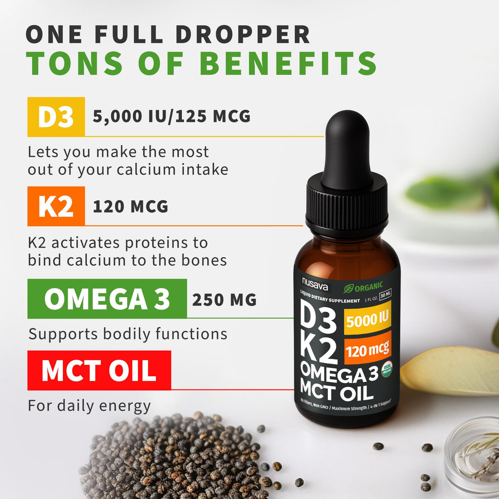 (4 Pack) Organic Vitamin D3 K2 Drops with MCT Oil & Omega 3 - Liquid Vitamin D3 5000 IU - K2 D3 Vitamin Supplement - Vitamin D Drops for Women & Men - No Fillers, Non-GMO, GMP, Unflavored (4 Fl Oz)