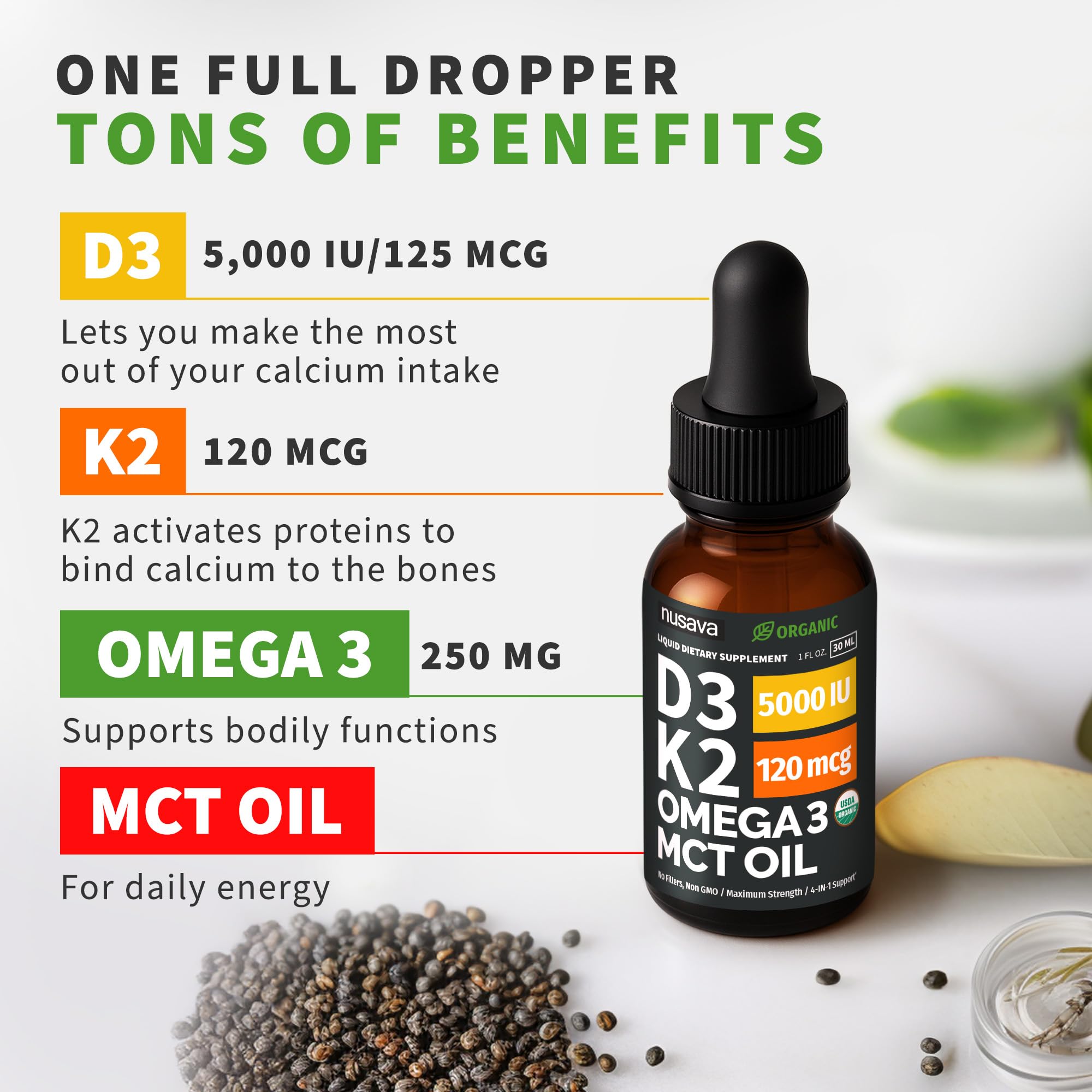 (4 Pack) Organic Vitamin D3 K2 Drops with MCT Oil & Omega 3 - Liquid Vitamin D3 5000 IU - K2 D3 Vitamin Supplement - Vitamin D Drops for Women & Men - No Fillers, Non-GMO, GMP, Unflavored (4 Fl Oz)