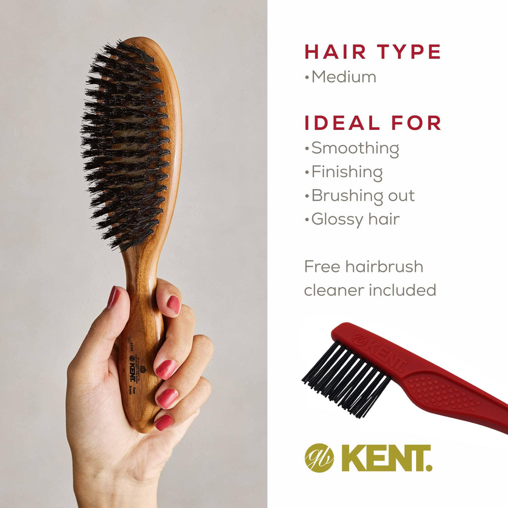 Kent LC22 Finest Hair Brushes for Women Detangler Dry Brush Made of Cherrywood - Boar Bristle Oval Hairbrush for Medium to Thick Hair All Lengths - Salon Style Straightening Pure Wood Brush from Kent
