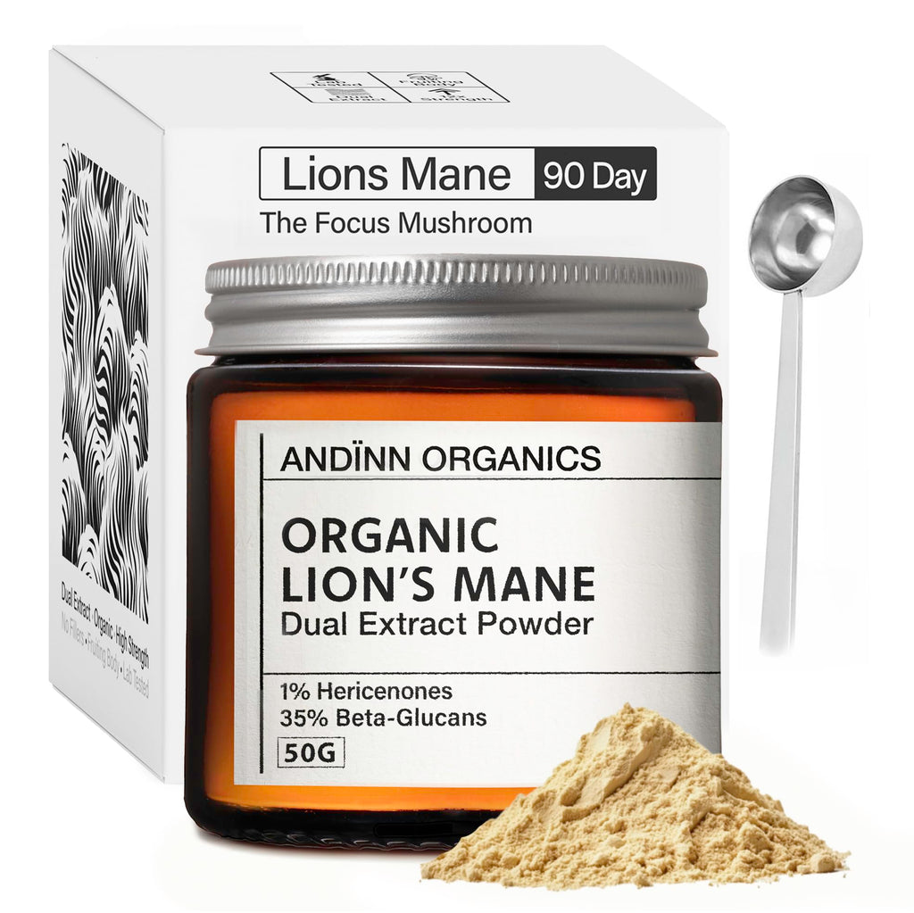 Organic Lions Mane Supplement Powder | 12X Strength | 3 Month Supply | NGF | Focus Plus | 6000mg | Dual Extract | Soil Association Certified | NGF | 1% Hericenones | 35% Beta-Glucans