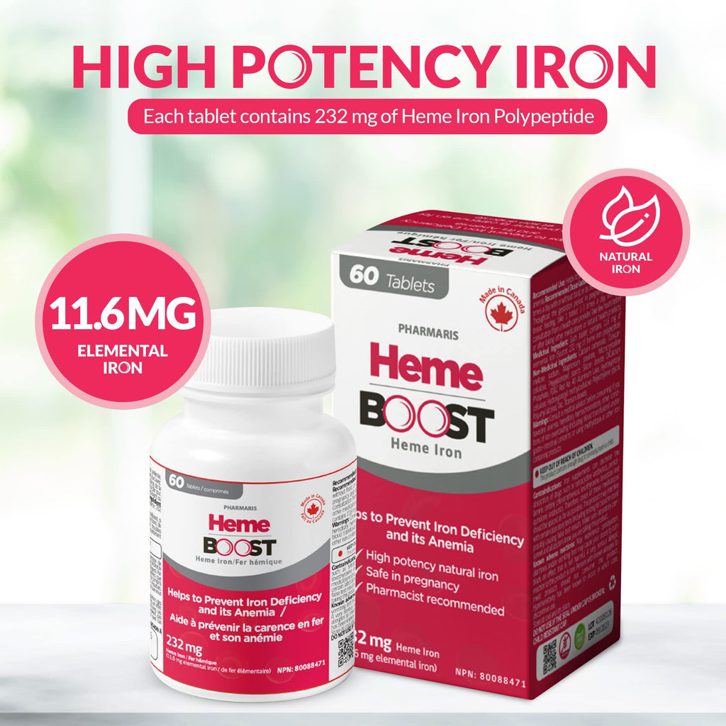 Hemeboost 11.6mg (232mg Heme Iron Pills), High Potency Iron Supplement for Women & Men, High Absorption & Gentle on Stomach, Safe for Use in Pregnancy, 60 Tablets