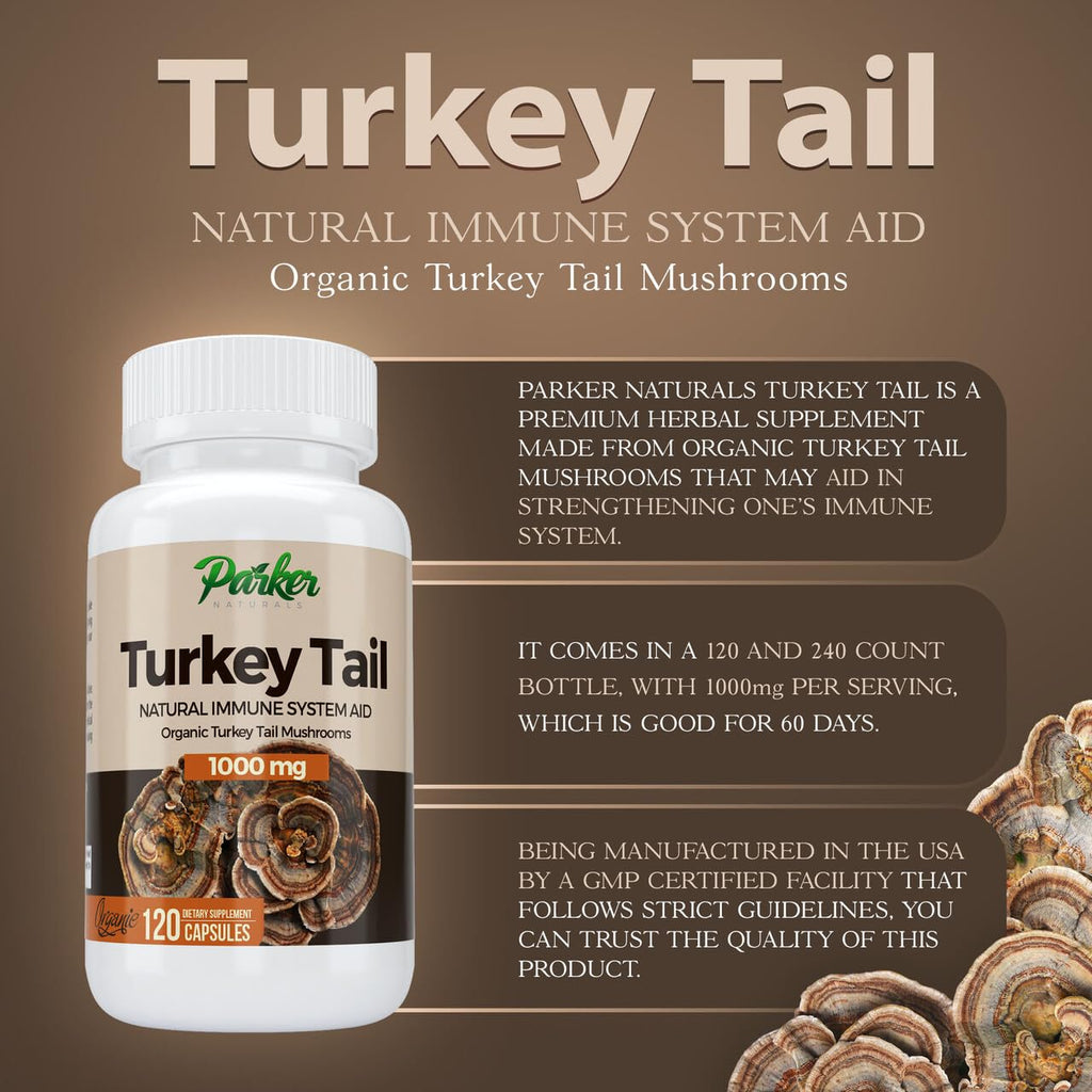 Parker Naturals Turkey Tail Mushroom Capsules - Organic Mushroom Supplement for Immune System Health Support - 1000 mg Premium Mushroom Supplements - 120 Capsules