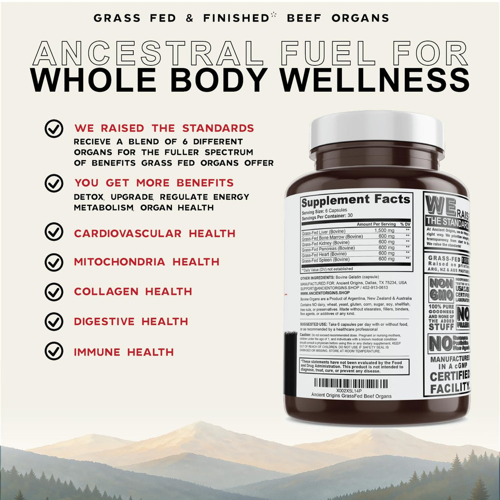Ancient Origins Grass Fed Beef Organs Supplement 4500 mg - Desiccated Liver, Bone Marrow, Heart, Spleen, Pancreas & Kidney, Non-GMO, Gluten Free, Undefatted (180 Capsules, 750mg Each)