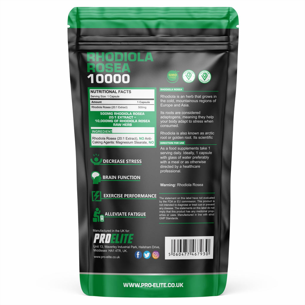 Rhodiola Rosea Extract 500mg 60 Vegan Capsules | 3% Standardised Rosavins 1% Salidrosid | Arctic Root Nootropic Adaptogen Supplement | Premium Rhodiola Root Extract | Made in UK by PROELITE