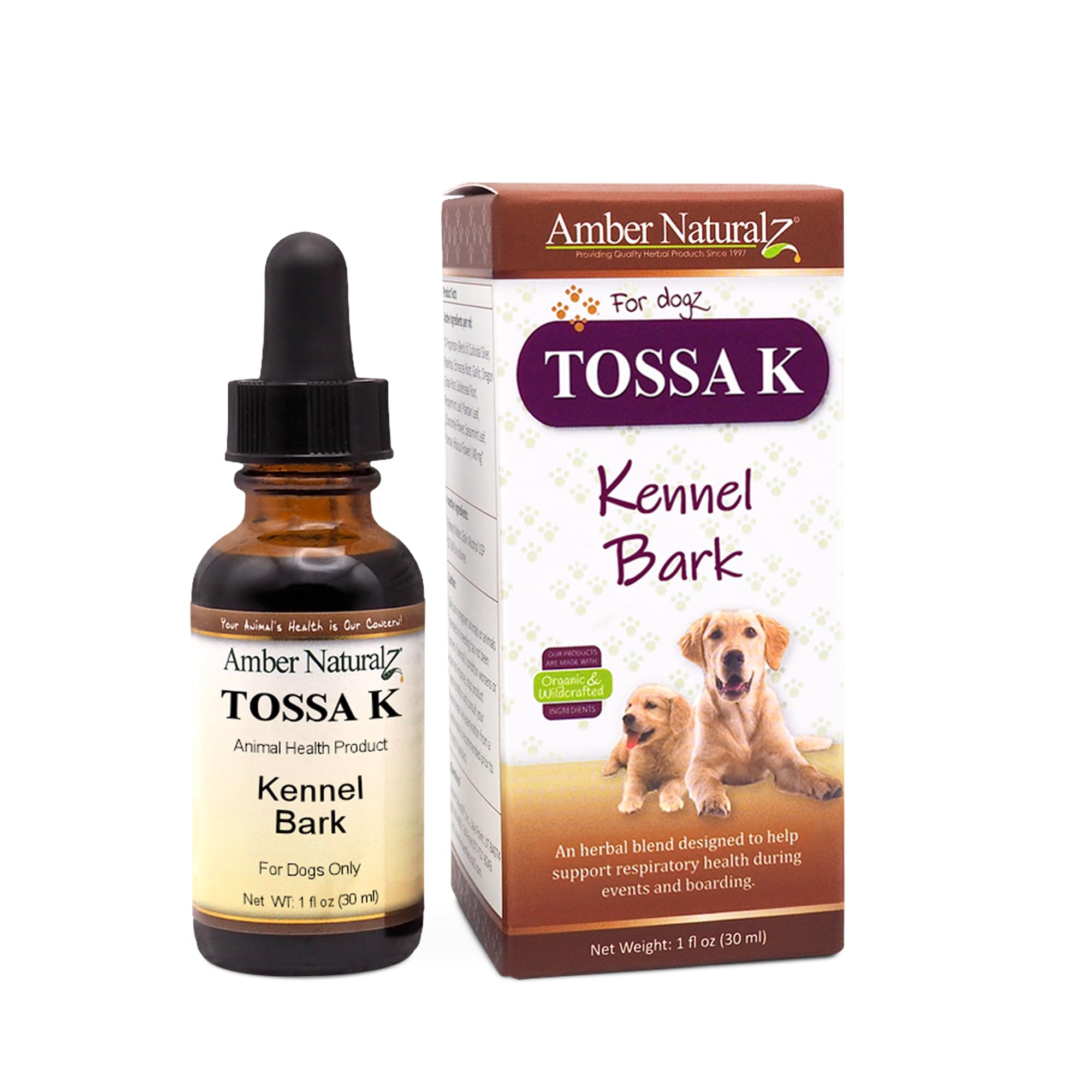 Amber NaturalZ Tossa K Kennel Bark Herbal Supplements for Dogs and Puppies | Canine Herbal Blend for Respiratory Health | 1 Fluid Ounce Glass Bottle | Globally Sourced Ingredients | Made in the USA