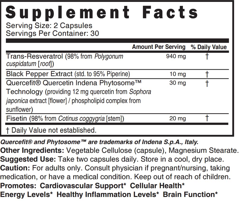 Nutri Resveratrol Supplement 1000mg Ultra High Purity Trans-Resveratrol - 15x More Bioavailable with Liposomal Quercetin and Fisetin - Antioxidant, Longevity, Organic Piperine - 60 Vegan Capsules