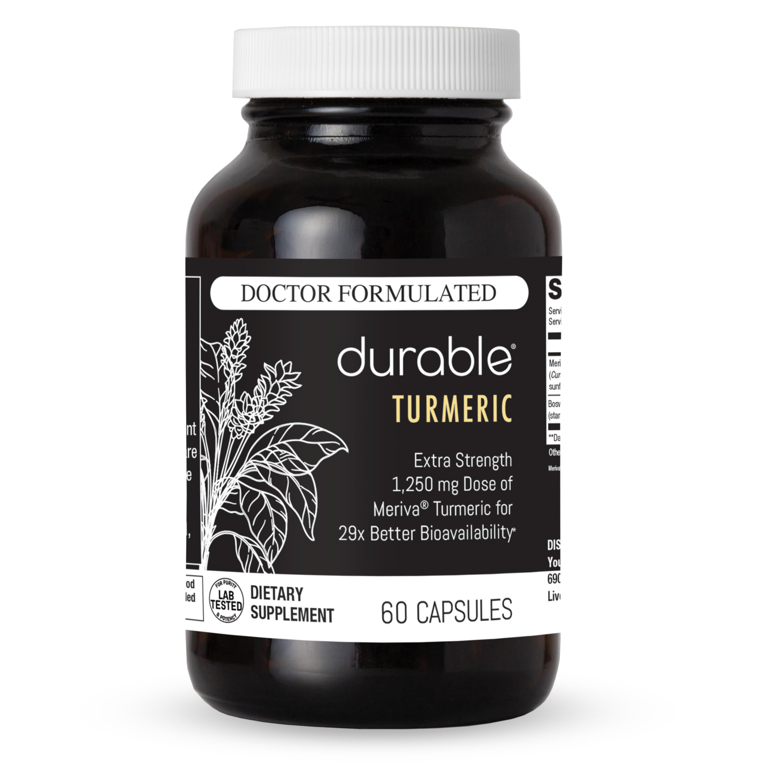 Durable Turmeric - 1250 mg Meriva Curcumin, 29X More Absorption + Boswellia – Joint Comfort, Mobility & Healthy Inflammation – Doctor Formulated, Vegan, Non-GMO, Made in USA (60 Capsules)