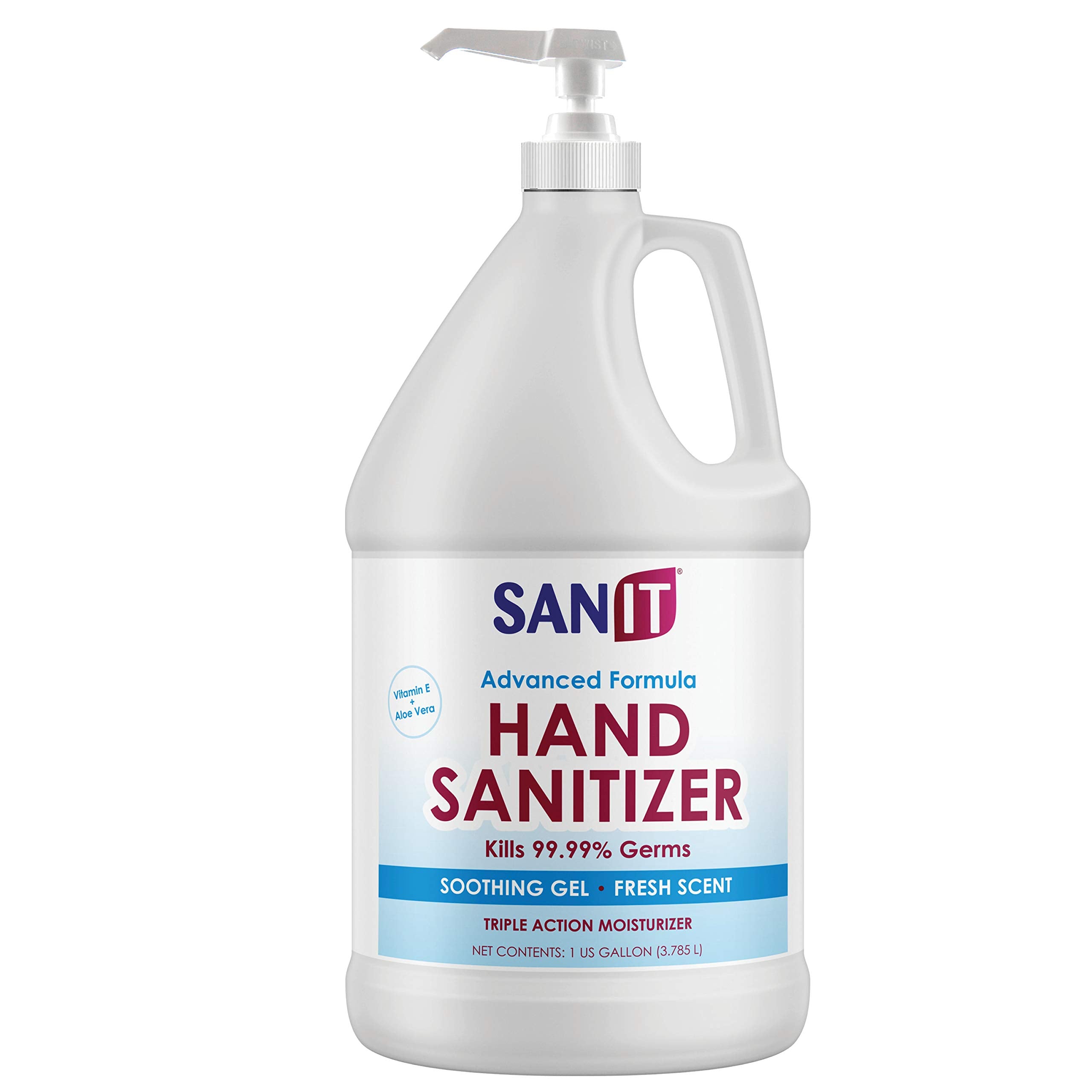 Sanit Moisturizing Hand Sanitizer Gel 70% Ethyl Alcohol - Kills 99.99% Germs, Advanced Formula with Vitamin E and Aloe Vera - Soothing Gel, Fresh Scent, Made in USA - 1 Gallon with Easy to Use Pump