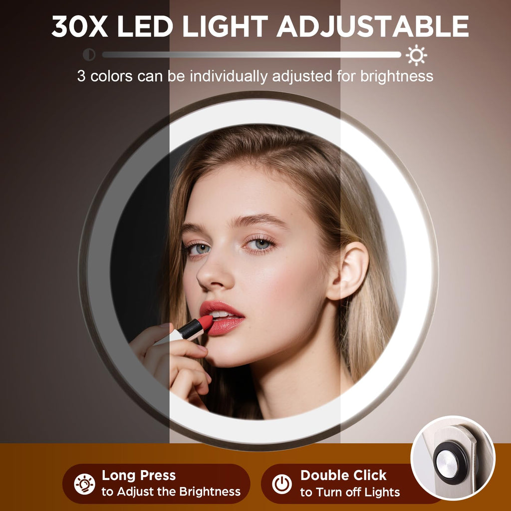 Makeup Mirror with Light - Brushed Nickel, 30x Makeup Mirror with 3 Colors
