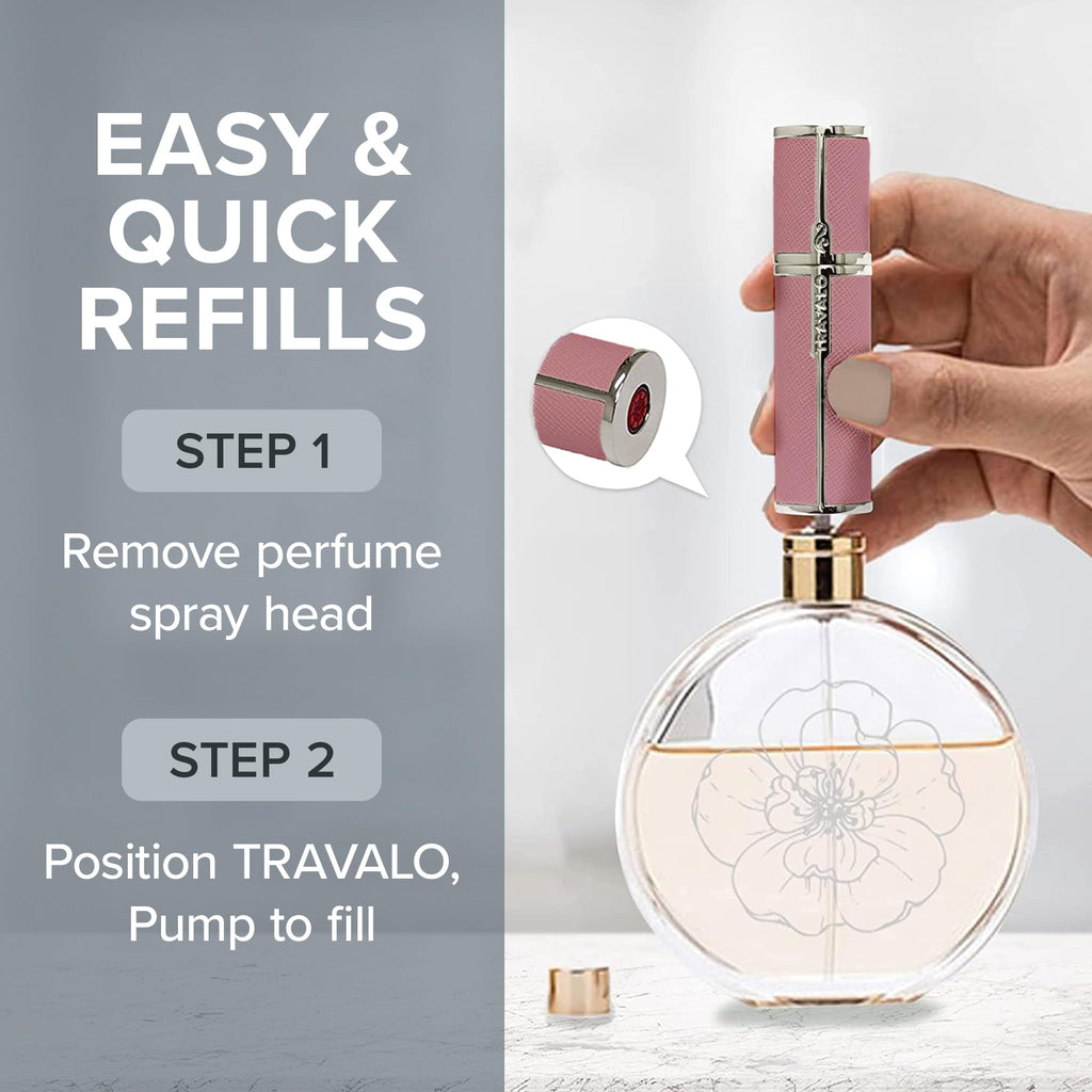 Travalo Milano Perfume Atomizer - Leak-Proof and TSA Approved for Air Travel - Reusable, Airtight, Easy Fill Mini Pump Sprayer - Lightweight Vegan Leather w/Polished Metal Outer Shell - Perfect Pink