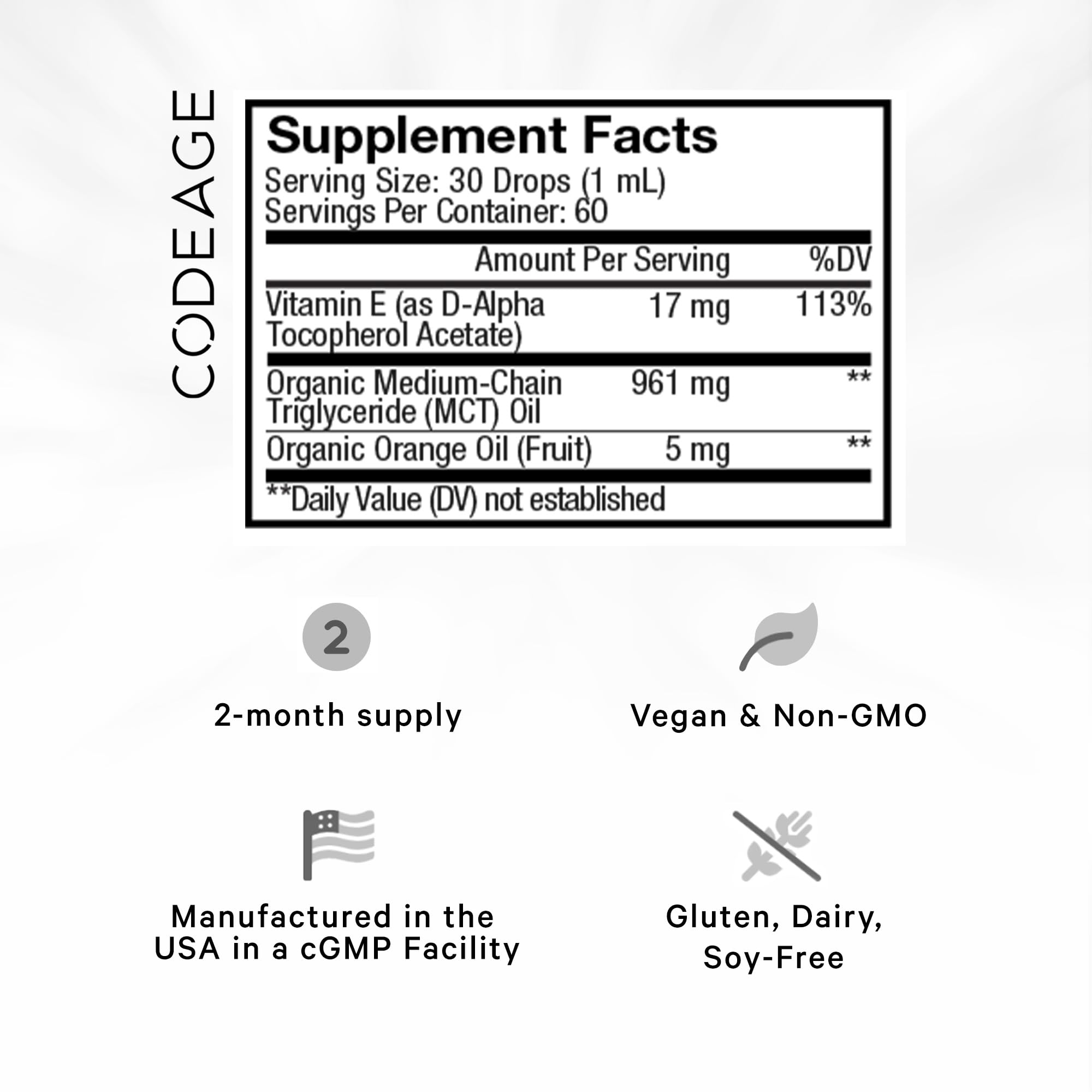 Codeage Liquid Vitamin E+ - USDA-Certified Organic Vitamin E - 2-Month Supply - D-Alpha Tocopherol Acetate, Organic MCT Oil, Orange Fruit Oil, Unflavored, Non-GMO, Vegan, Gluten-Free, 2 fl oz