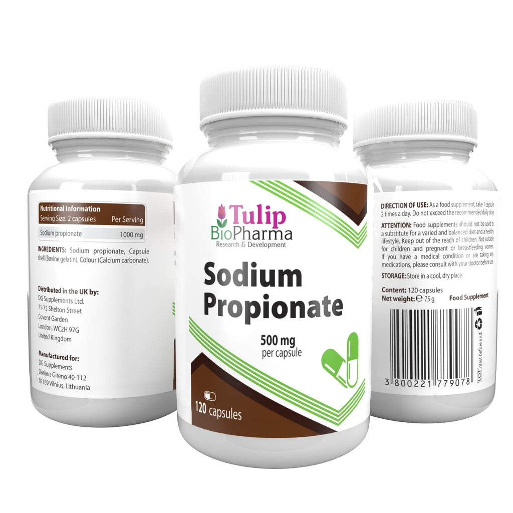 Tulip BioPharma Sodium Propionate 500mg | 120 Vegan Capsules | 2-Month Supply | Propionic Acid, Short-Chain Fatty Acid, No Fillers | 3rd Party Lab Tested