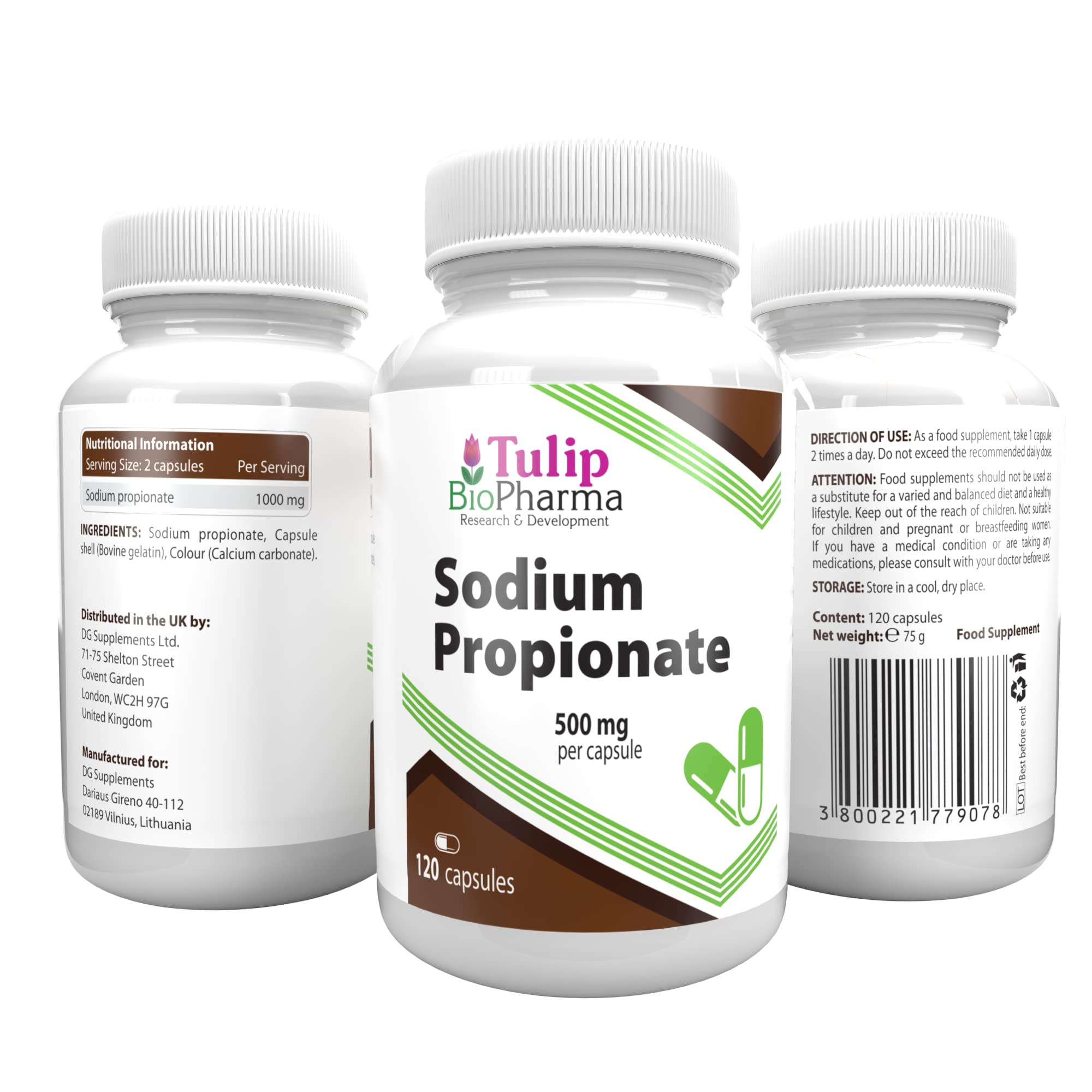 Tulip BioPharma Sodium Propionate 500mg | 120 Vegan Capsules | 2-Month Supply | Propionic Acid, Short-Chain Fatty Acid, No Fillers | 3rd Party Lab Tested